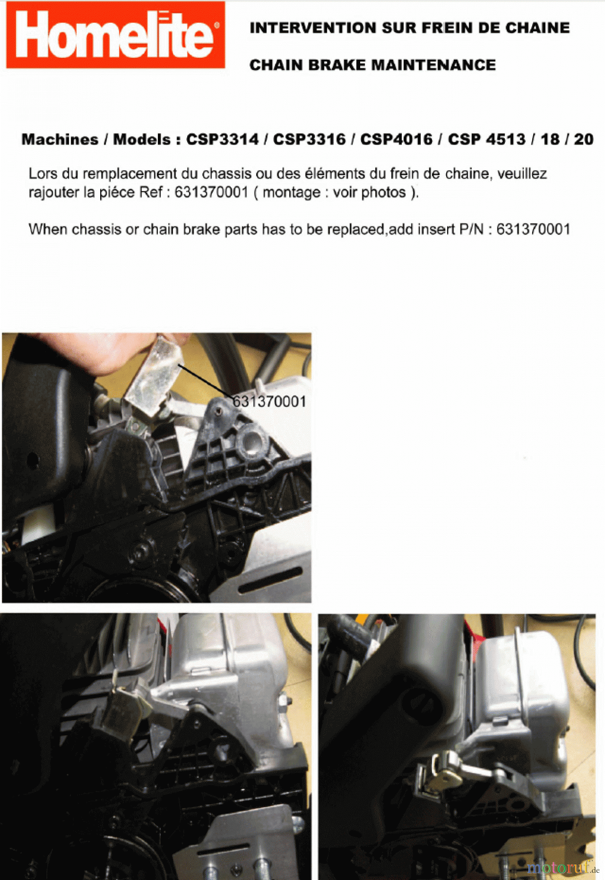 Homelite Motorsägen Benzin CSP4016 (10.2004 -12.2010) Reparaturhinweis