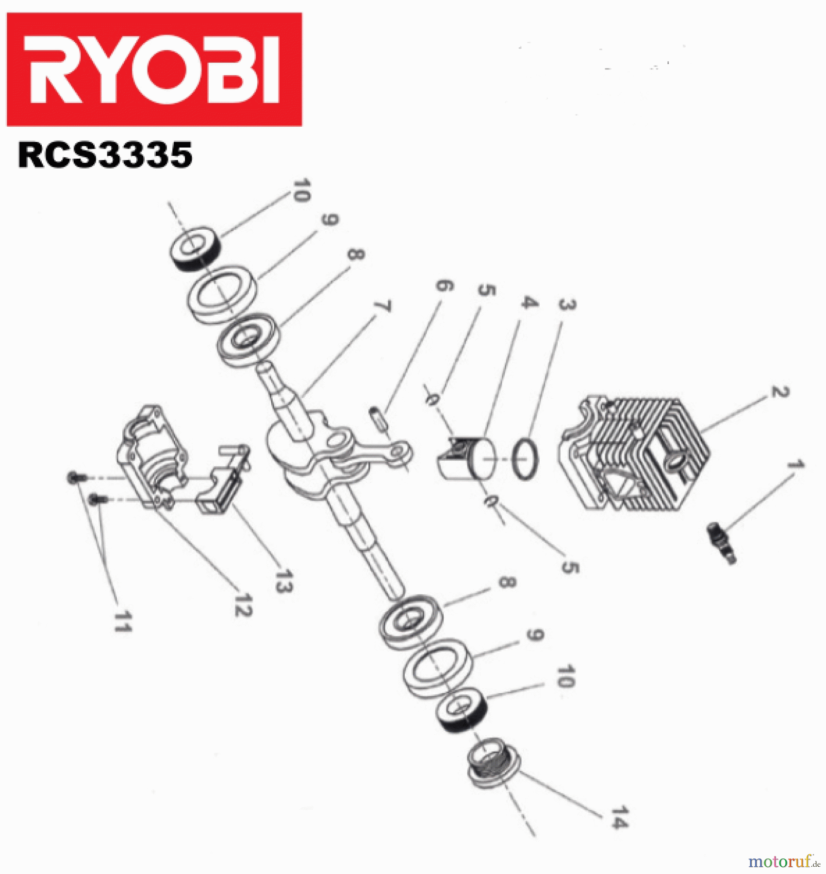 Ryobi Kettensägen Benzin RCS3335C Kurbelwelle, Zylinder