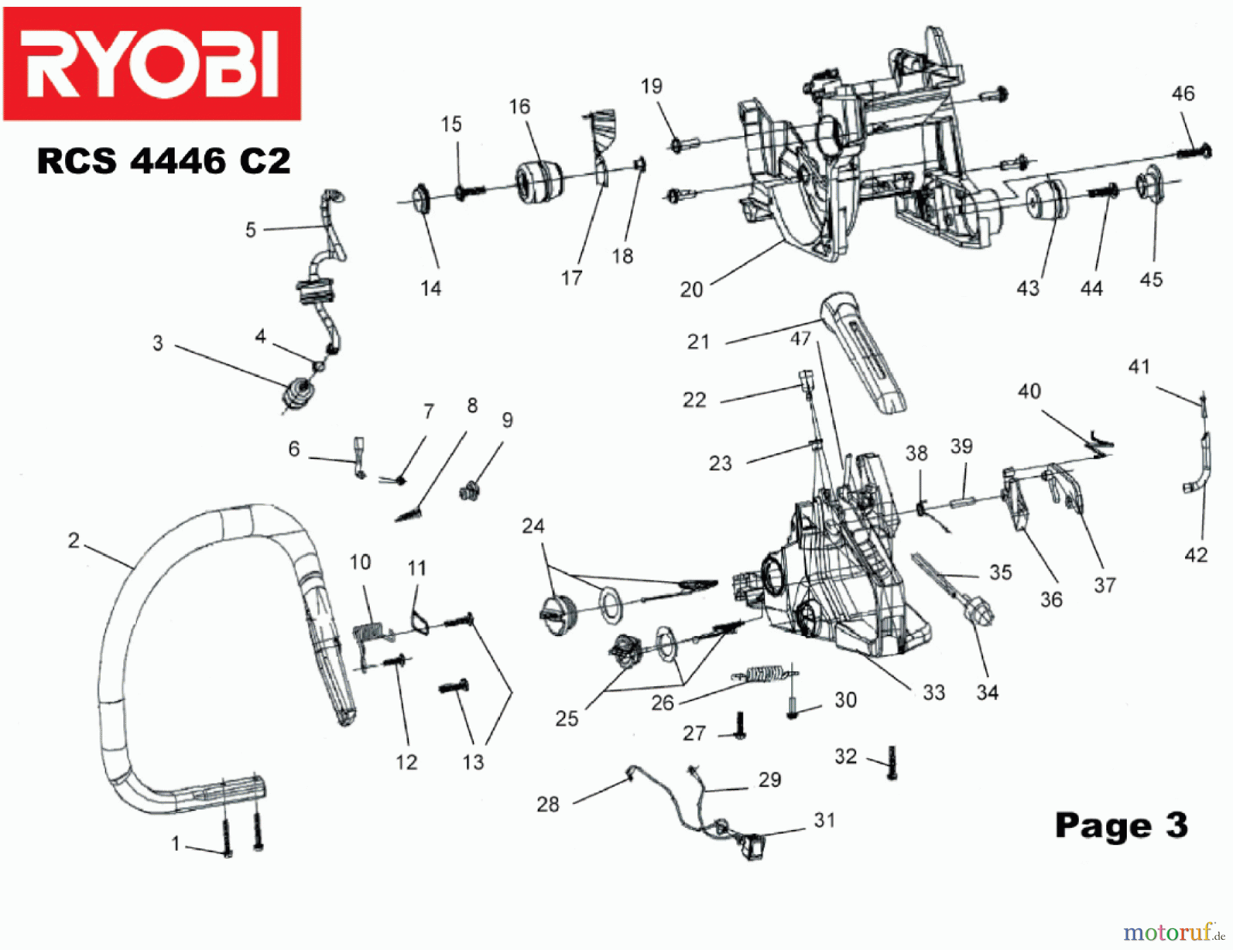 Ryobi Kettensägen Benzin RCS4446C2 Tank, Griff