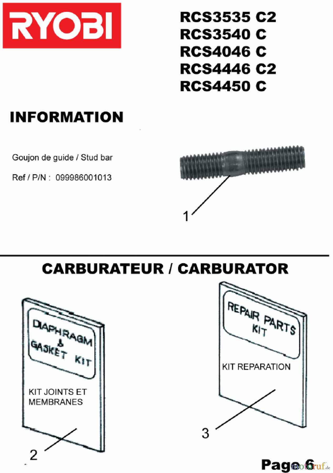 Ryobi Kettensägen Benzin RCS4446C2 Reparatursatz Vergaser