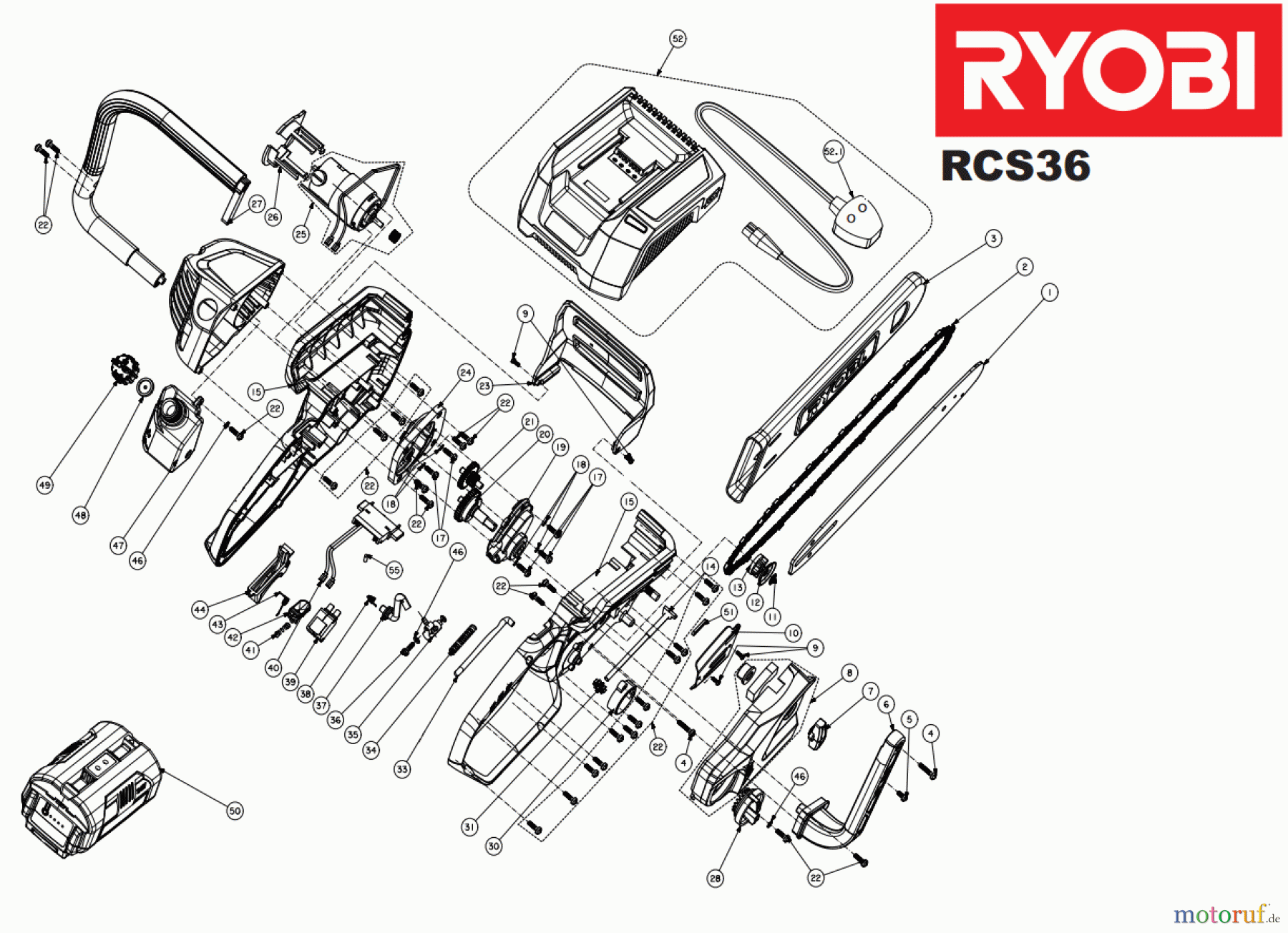 Ryobi Kettensägen Akku RCS36 Seite 1