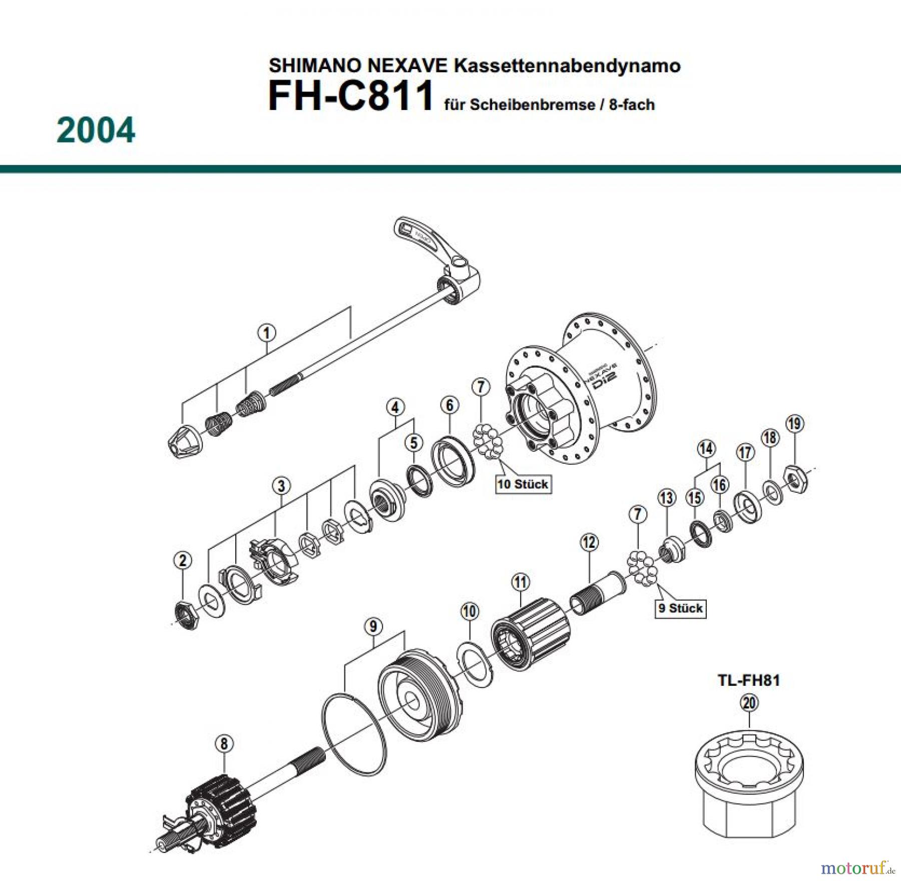 Shimano FH Free Hub - Freilaufnabe FH-C811, 2004 SHIMANO NEXAVE Kassettennabendynamo für Scheibenbremse / 8-fach