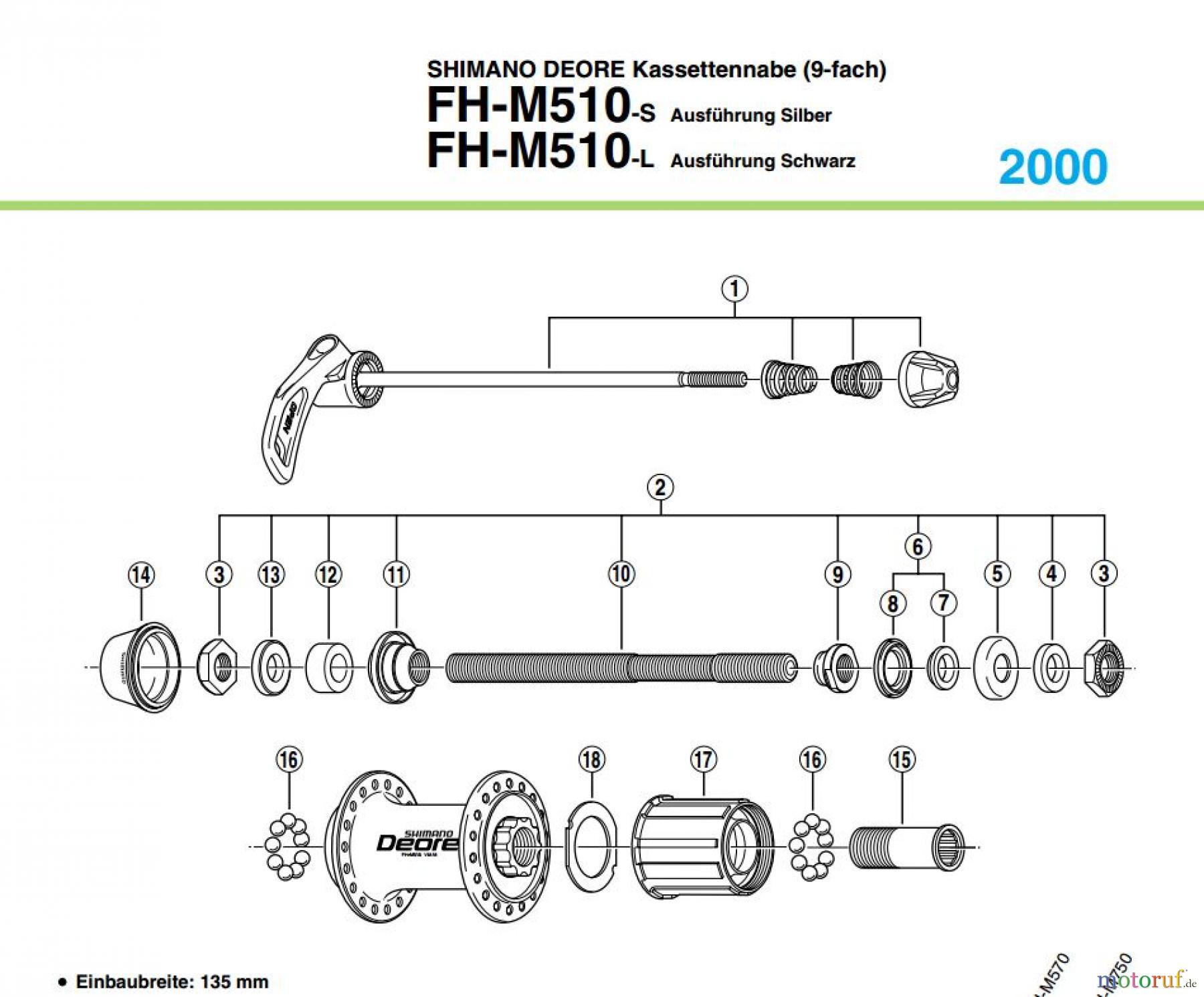 Shimano FH Free Hub - Freilaufnabe FH-M510 -1895 SHIMANO DEORE Kassettennabe (9-fach