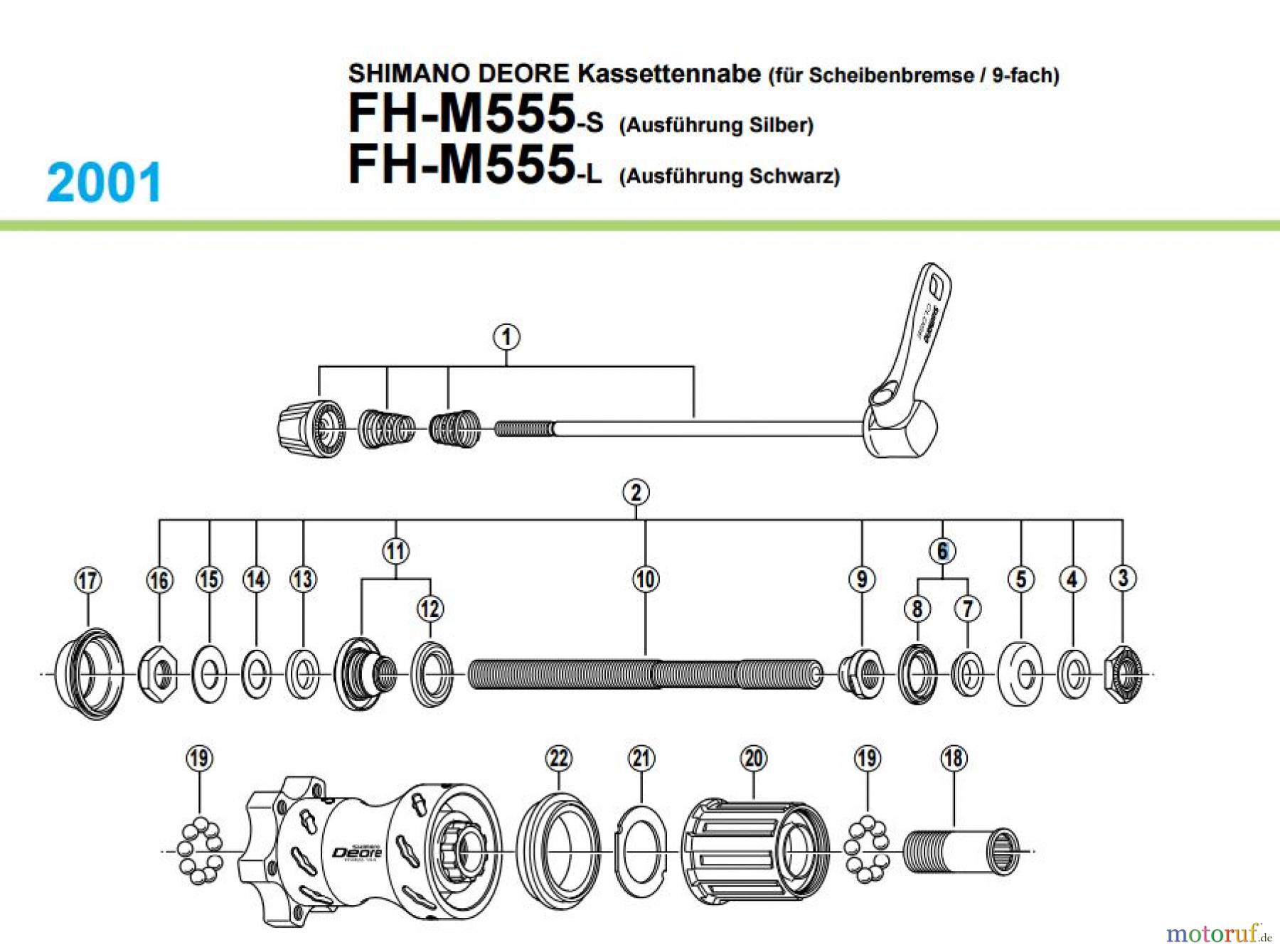 Shimano FH Free Hub - Freilaufnabe FH-M555 -1997A SHIMANO DEORE Kassettennabe (für Scheibenbremse / 9-fach)