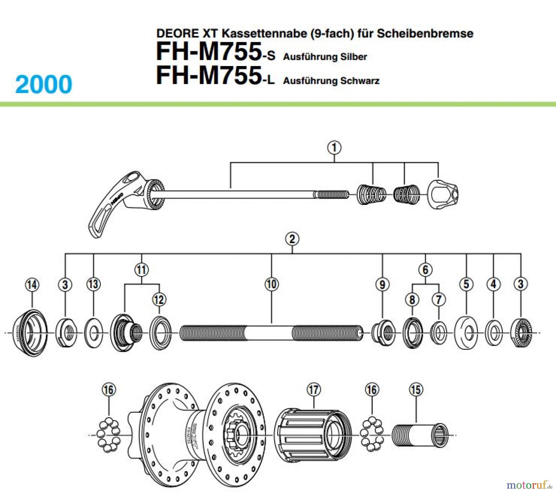 Shimano FH Free Hub - Freilaufnabe FH-M755 DEORE XT Kassettennabe (9-fach) für Scheibenbremse