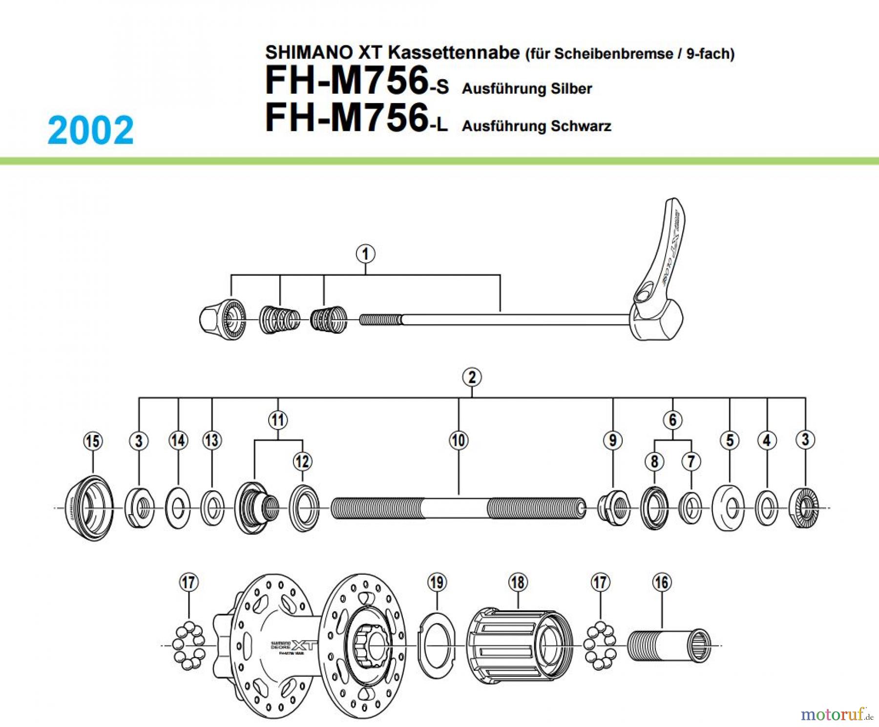 Shimano FH Free Hub - Freilaufnabe FH-M756 -2099, 2002 SHIMANO XT Kassettennabe (für Scheibenbremse / 9-fach)