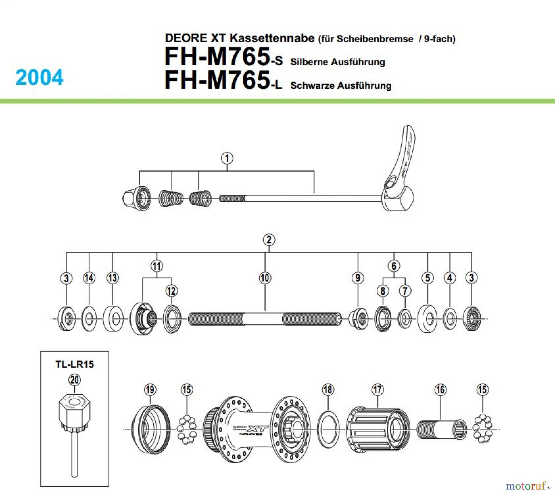 Shimano FH Free Hub - Freilaufnabe FH-M765 DEORE XT Kassettennabe (für Scheibenbremse / 9-fach