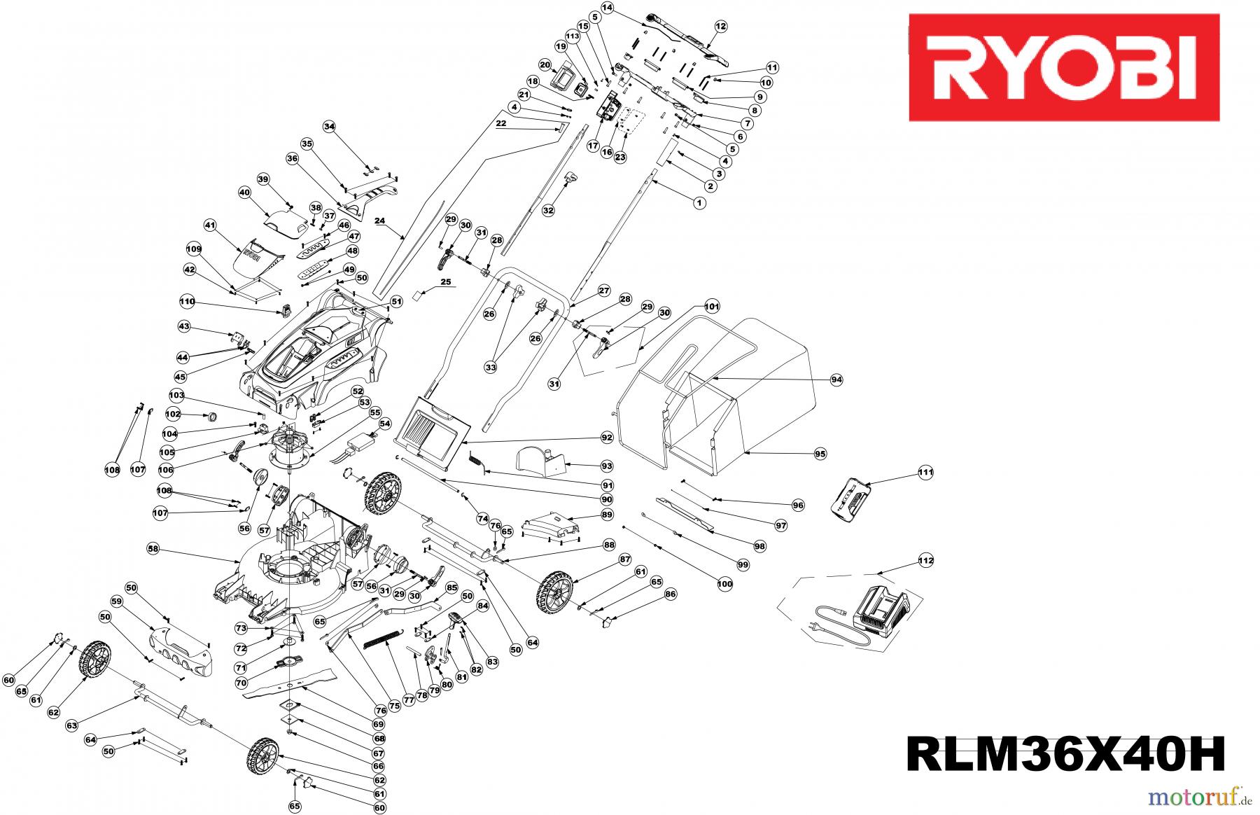 Ryobi Rasenmäher Akku RLM36X40H RLM36X40H 4,0Ah Akku-Rasenmaeher