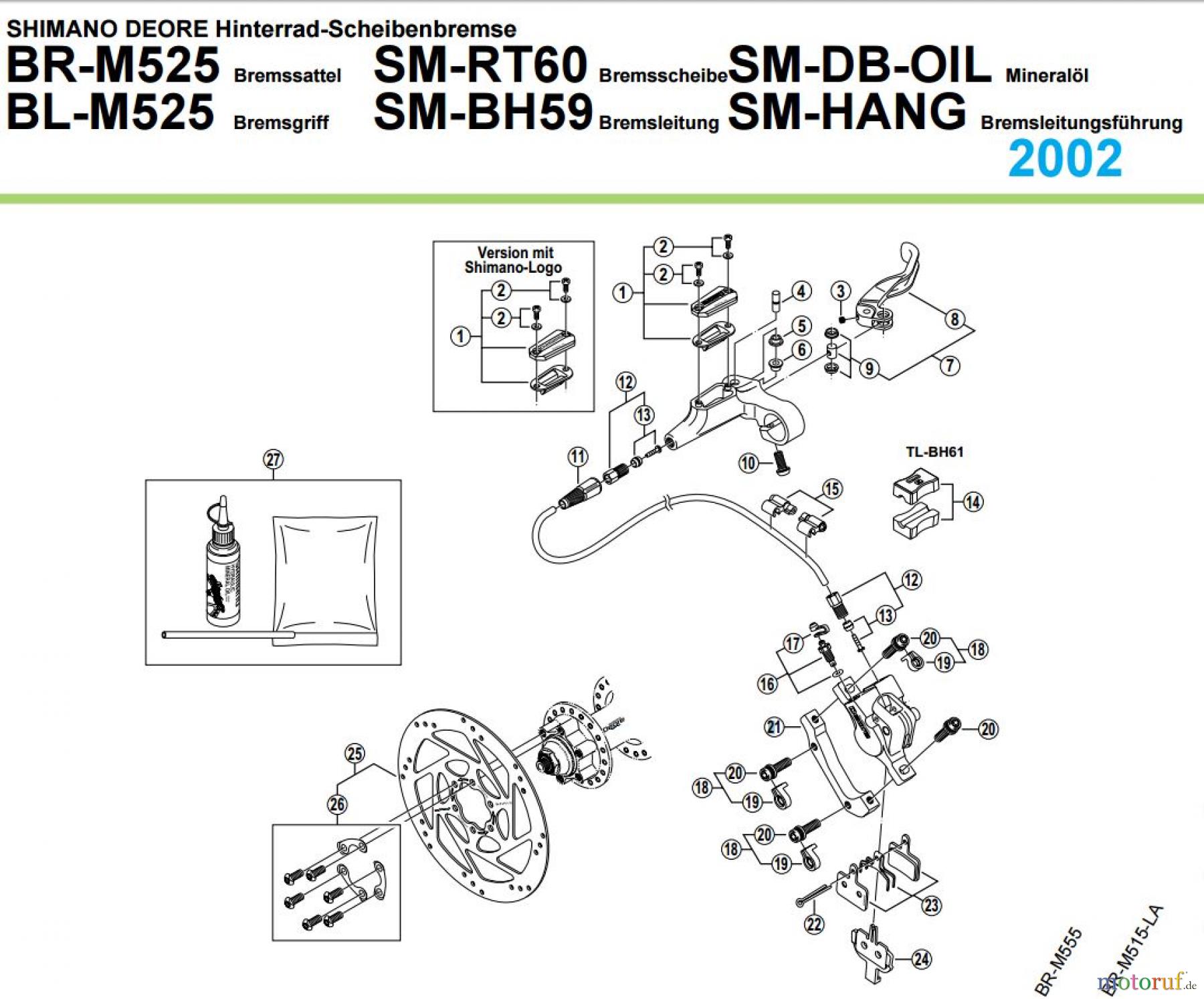 Shimano BR Brake - Bremse BR-M525, BL-M525 von 2002 SHIMANO DEORE Hinterrad-Scheibenbremse