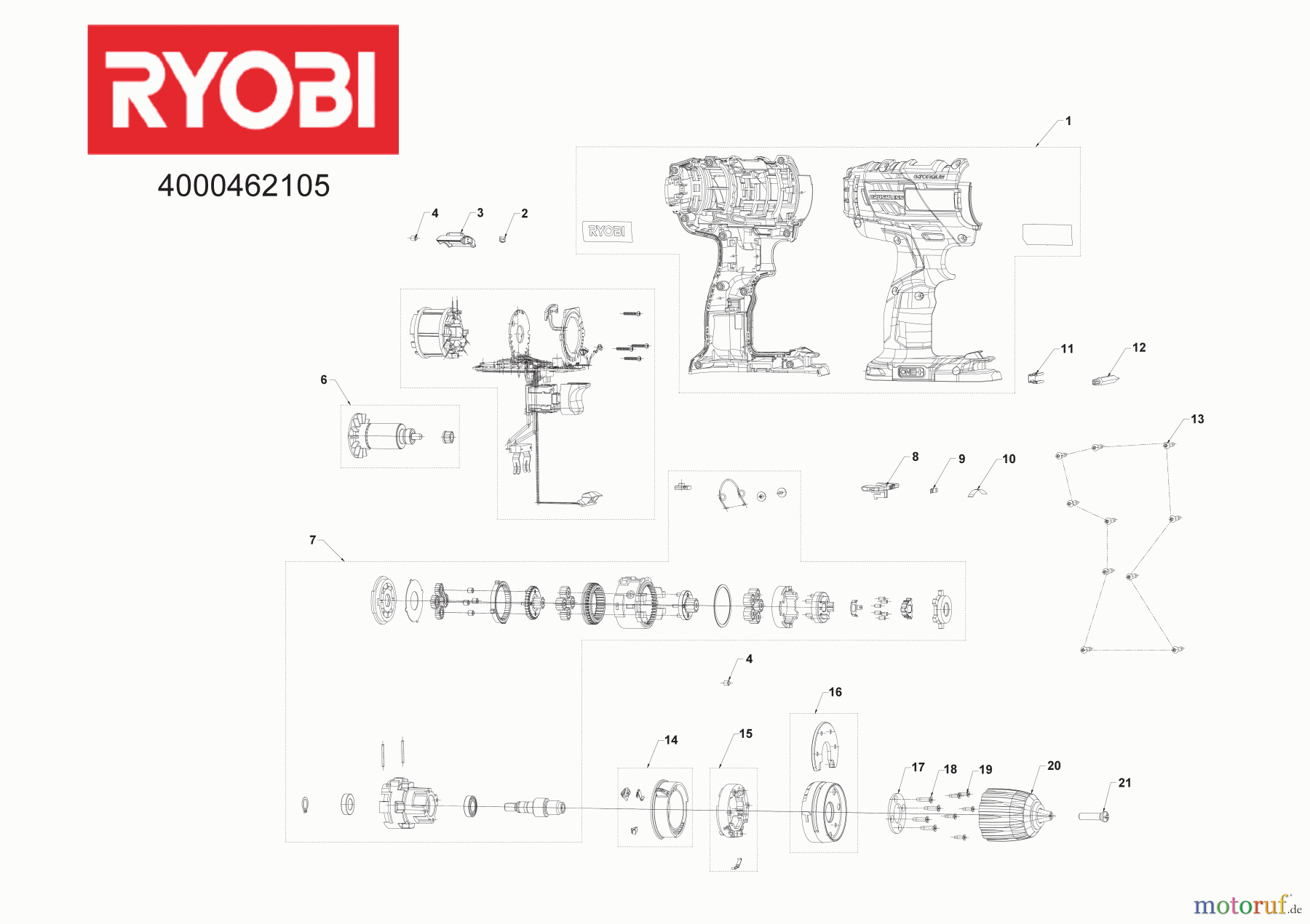 Ryobi (Schlag-)Bohrschrauber Akkuschrauber R18DDBL-0 18 V Brushless Akku-Bohrschraube 4000462105 Seite 1