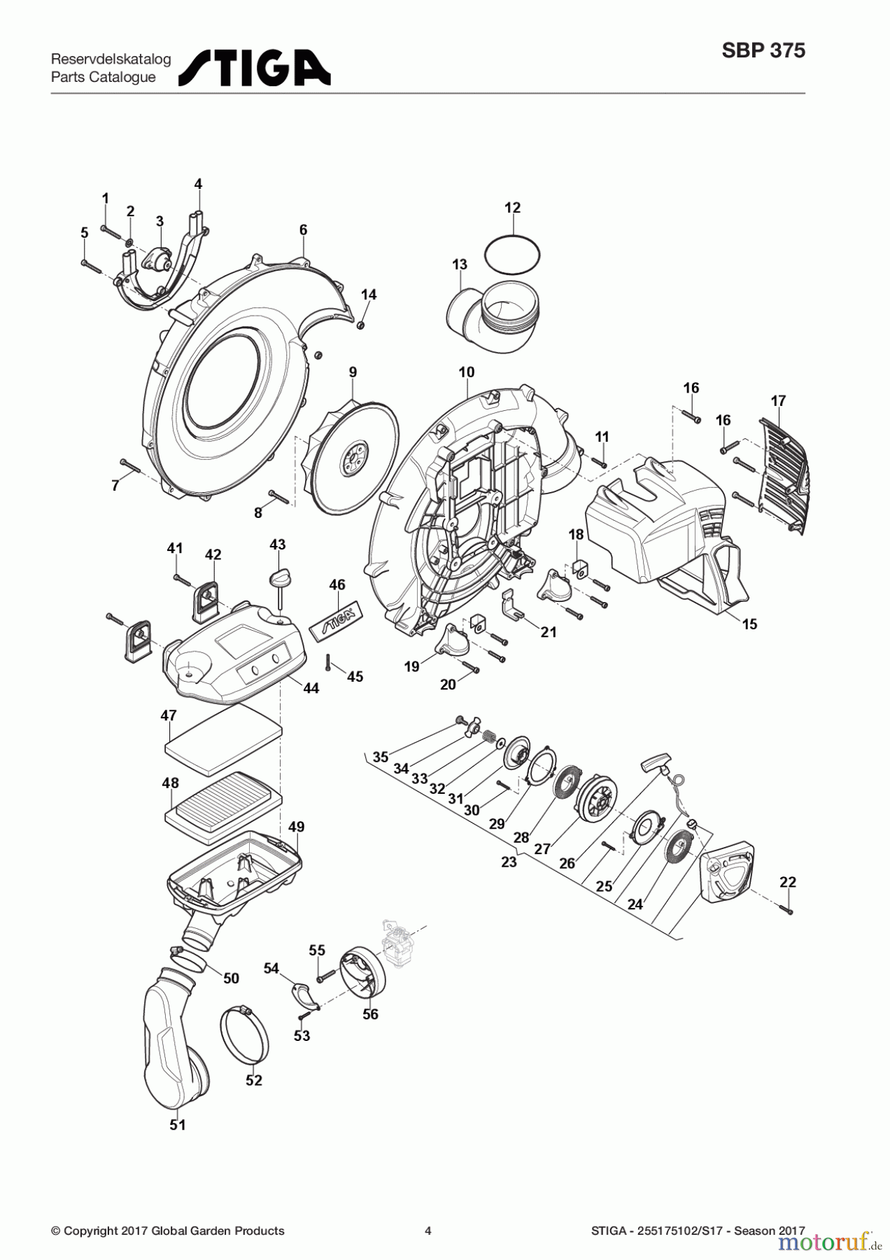  Stiga Laubbläser Baujahr 2017 Benzin 2017 SBP 375 255175102/S17 - Season 2017 Volute Case, Air Filter, Starter Assy