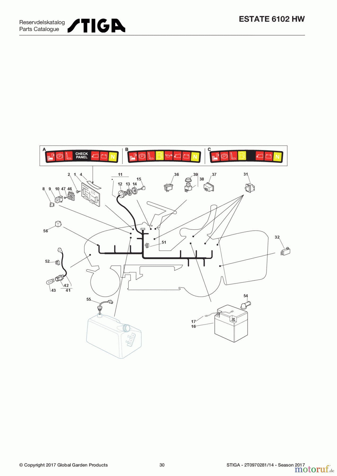  Stiga Aufsitzmäher Baujahr 2017 ESTATE 6102 HW 2T0970281/14 - Season 2017 Electrical Parts