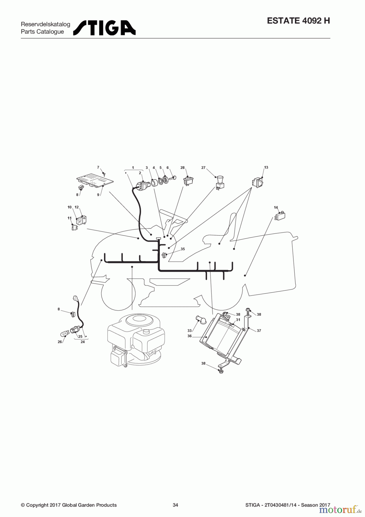 Stiga Aufsitzmäher Baujahr 2017 ESTATE 4092 H 2T0430481/14 - Season 2017 Electrical Parts