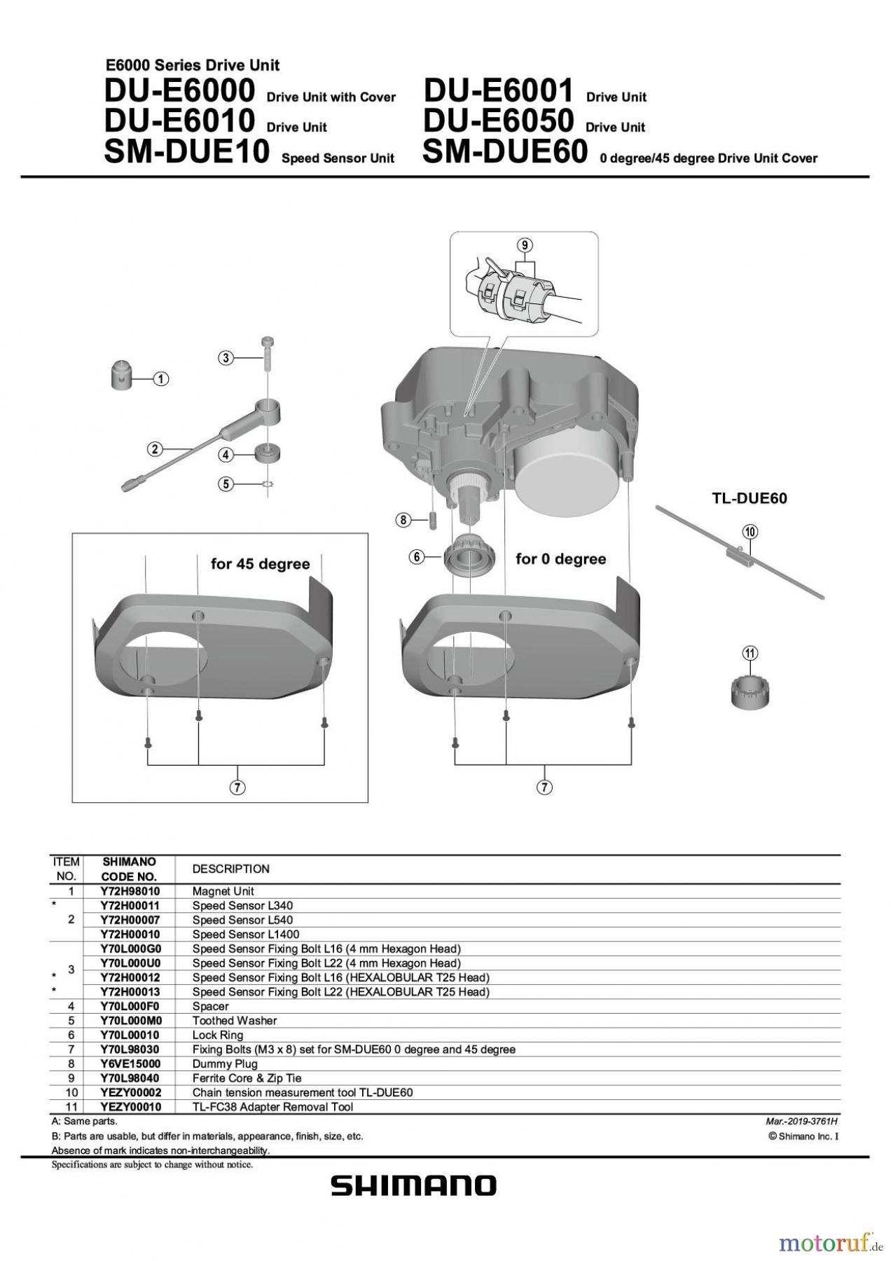 Shimano DU Drive Unit Antriebseinheit (E-Bike) DU-E6000. DU-E6010, DU-E6001, DU-E6050 (-3761H)