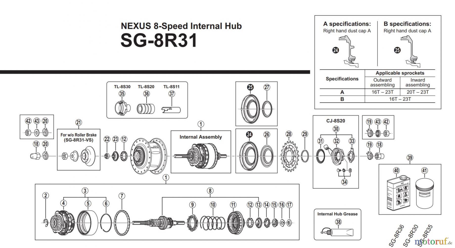 Shimano SG Getriebenabe /Nabenschaltung SG-8R31 NEXUS 8-Speed Internal Hub
