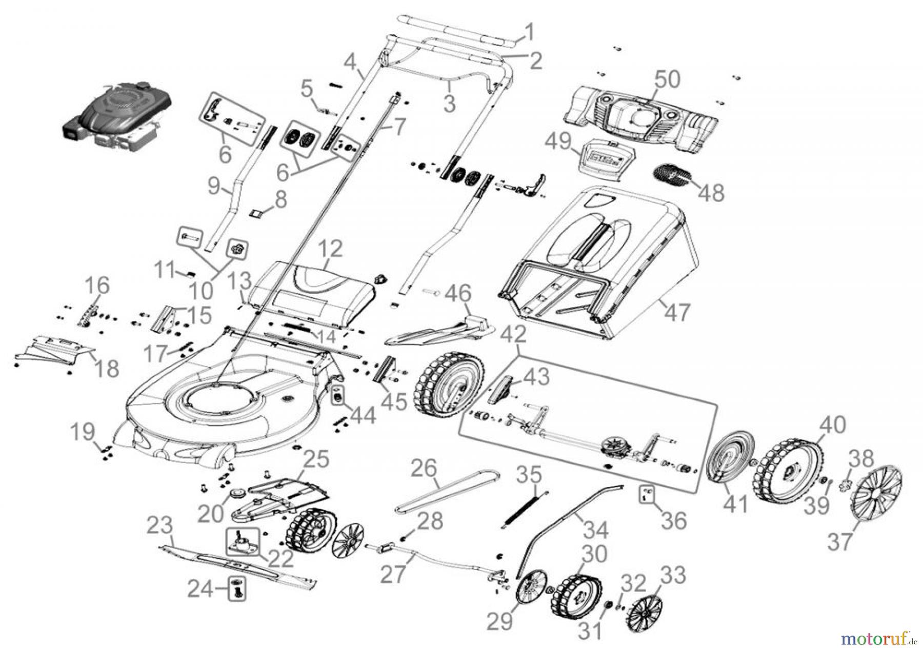 Güde Gartentechnik Rasenmäher Benzin-Rasenmäher Schnittbreite ab 50 cm Rasenmäher BIG WHEELER 553.1 R ALU - 95438 Ersatzteileversion FSL95438-01 Seite 1