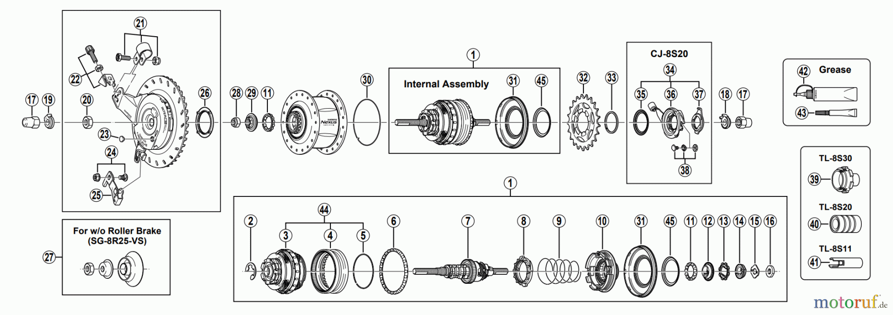 Shimano SG Getriebenabe /Nabenschaltung SG-8R25 NEXUS 8-SPEED HUB w/Hi-Power Roller Brake