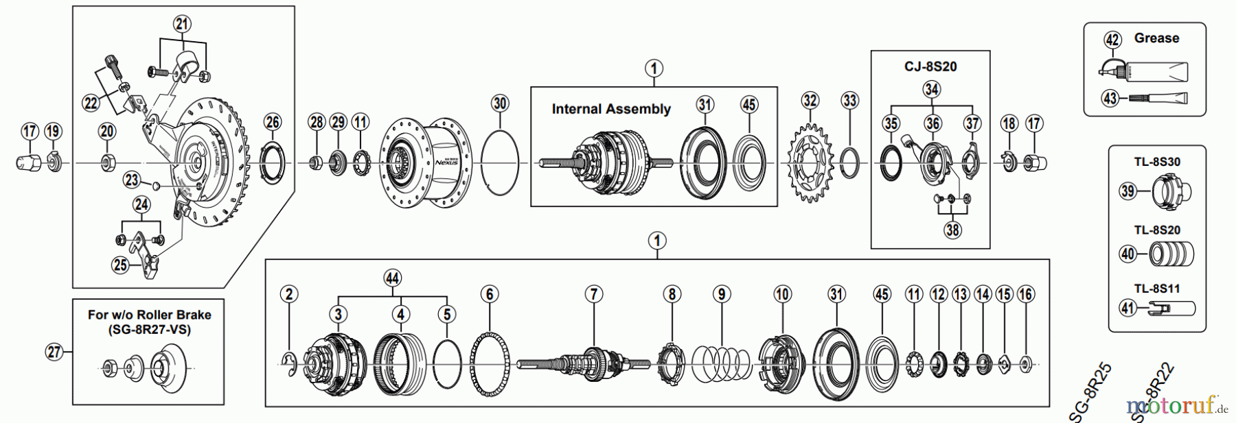Shimano SG Getriebenabe /Nabenschaltung SG-8R27 NEXUS 8-SPEED HUB w/Hi-Power Roller Brake Inter-8 Hub