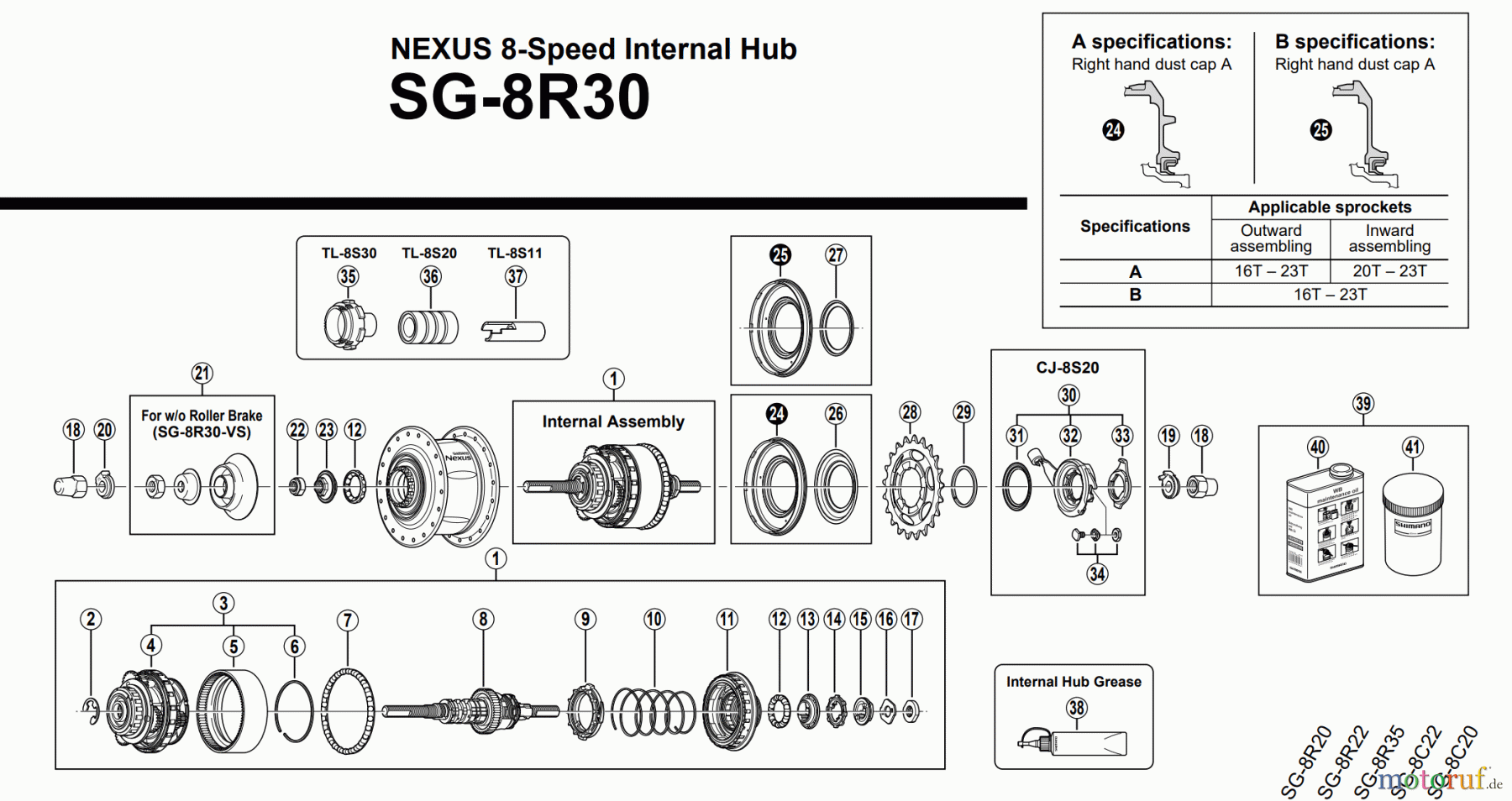 Shimano SG Getriebenabe /Nabenschaltung SG-8R30 NEXUS 8-Speed Internal Hub