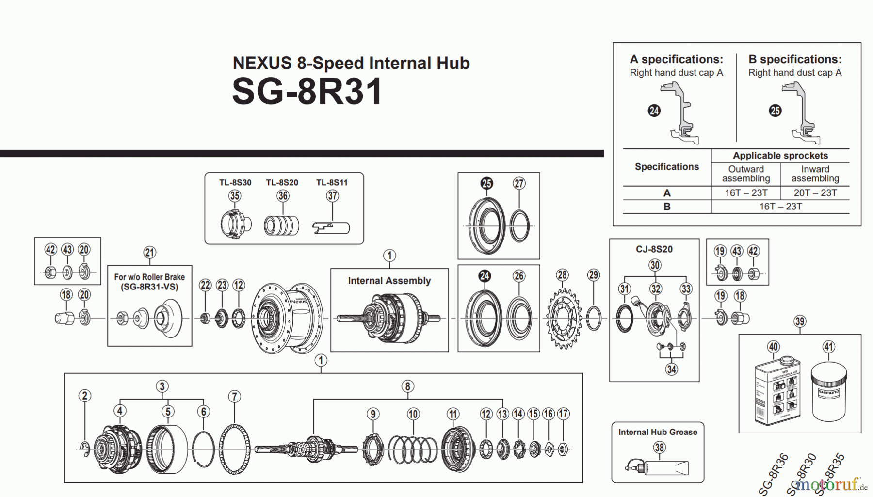 Shimano SG Getriebenabe /Nabenschaltung SG-8R31 NEXUS 8-Speed Internal Hub