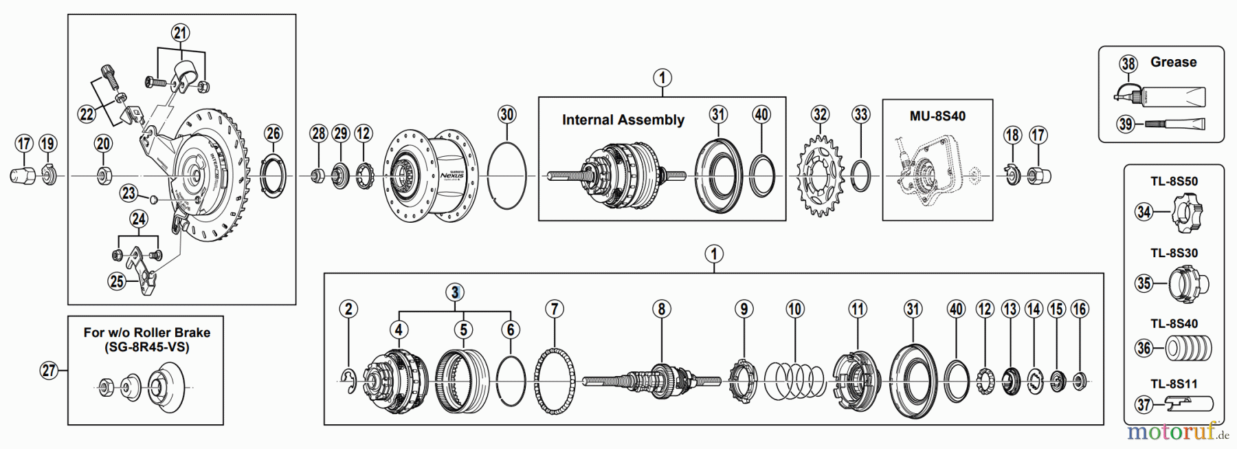 Shimano SG Getriebenabe /Nabenschaltung SG-8R45 CYBER NEXUS 8-SPEED HUB w/Hi-Power Roller Brake