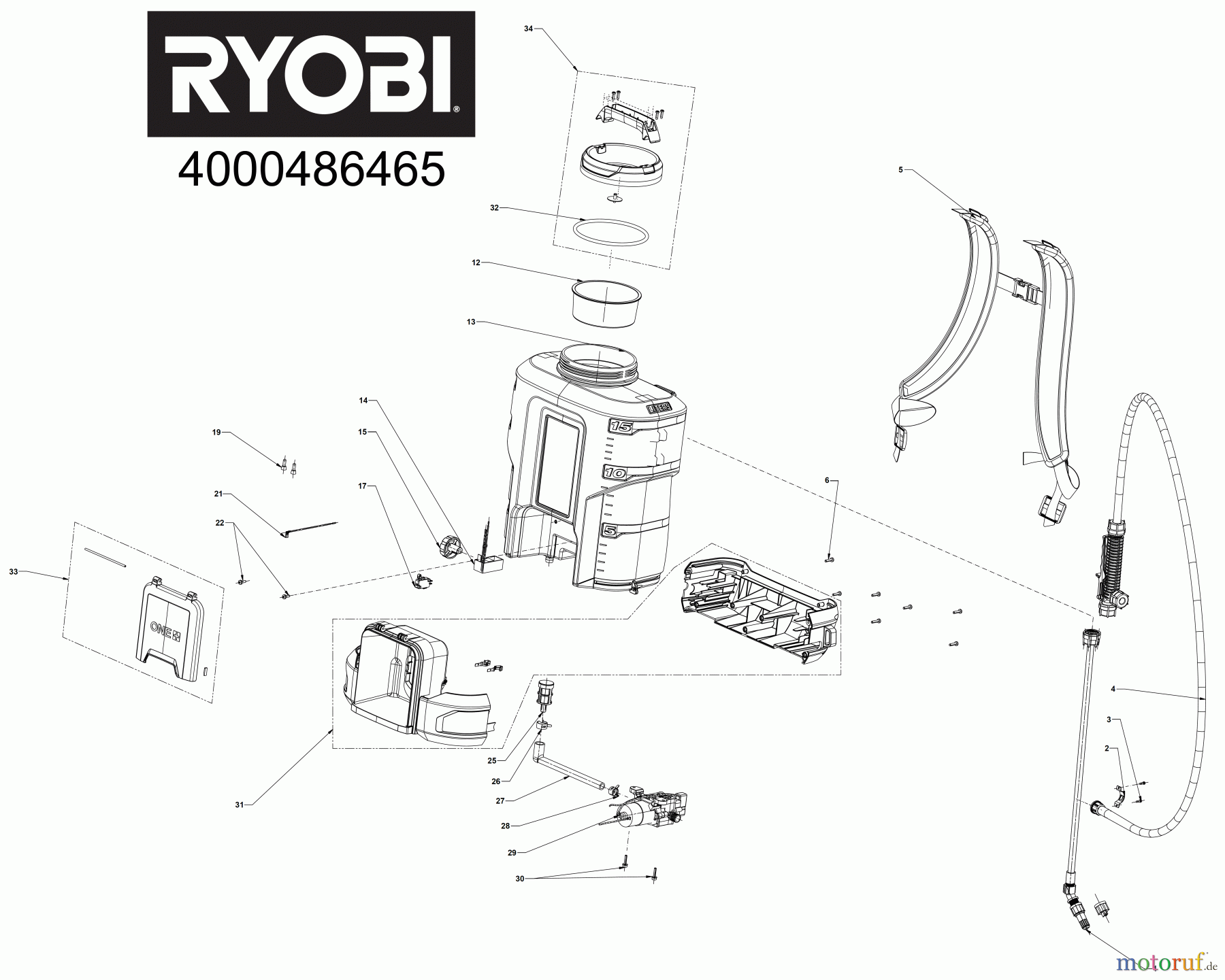 Ryobi Sprühgeräte Sonstige Sprühgeräte RY18BPSB 8 V ONE+ Akku-Drucksprüher mit Rückengurt, Tankvolumen 15 L Seite 1