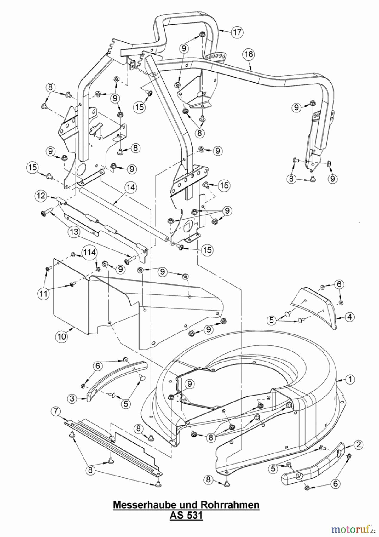 AS-Motor (neu) Rasen Profi-Rasenmäher AS 531 Heckauswurf AS 531 2T MK B und AS 531/2T B MK-Kat VarioPro ab FNr. 026313110001 Messerhaube mit Rohrrahmen