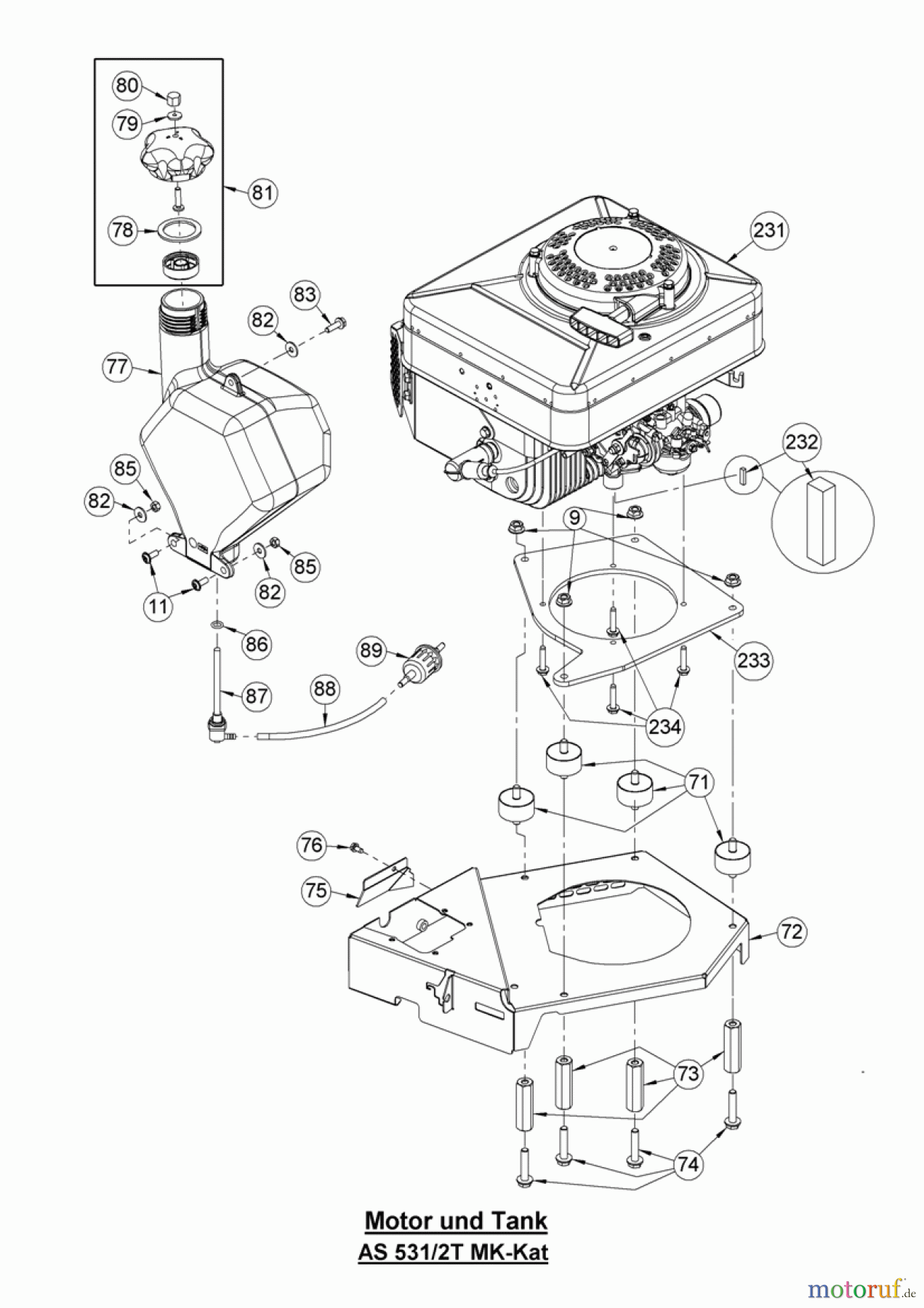 AS-Motor (neu) Rasen Profi-Rasenmäher AS 531 Heckauswurf AS 531 2T MK B und AS 531/2T B MK-Kat VarioPro ab FNr. 026313110001 Motor und Tank