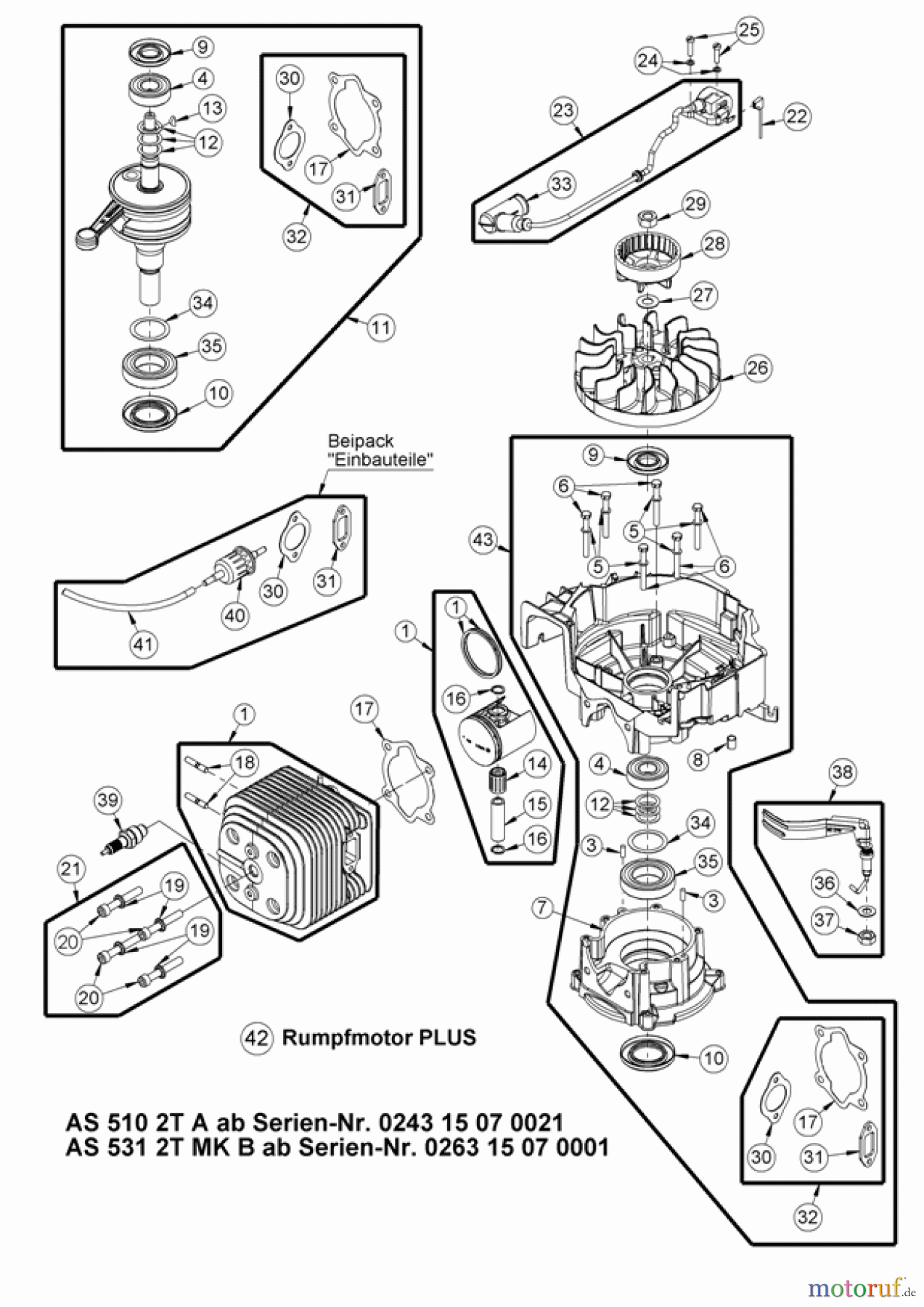 AS-Motor (neu) Rasen Profi-Rasenmäher AS 531 Heckauswurf AS 531 2T MK B und AS 531/2T B MK-Kat VarioPro ab FNr. 026313110001 Rumpfmotor PLUS