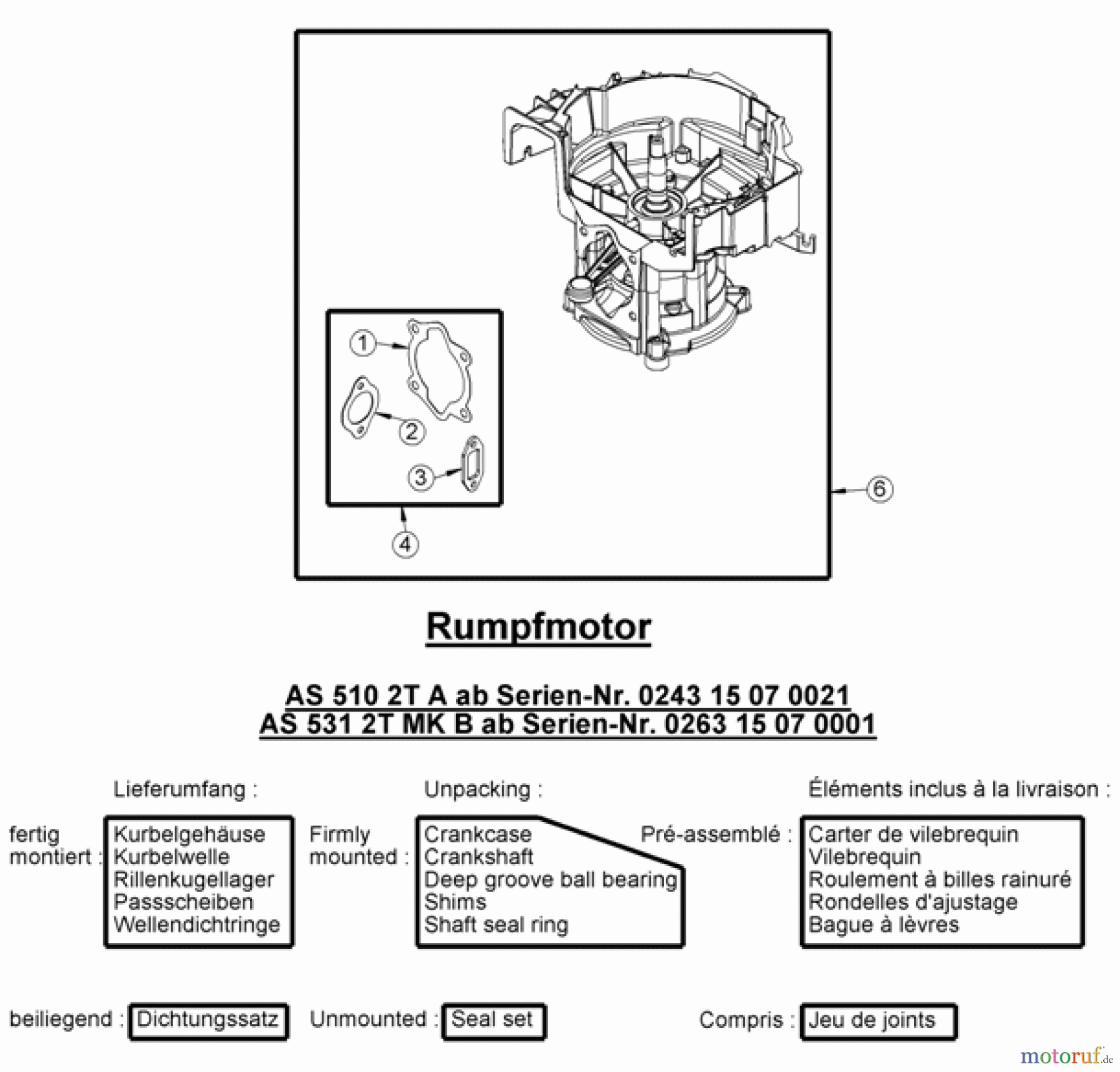 AS-Motor (neu) Rasen Profi-Rasenmäher AS 531 Heckauswurf AS 531 2T MK B und AS 531/2T B MK-Kat VarioPro ab FNr. 026313110001 Rumpfmotor