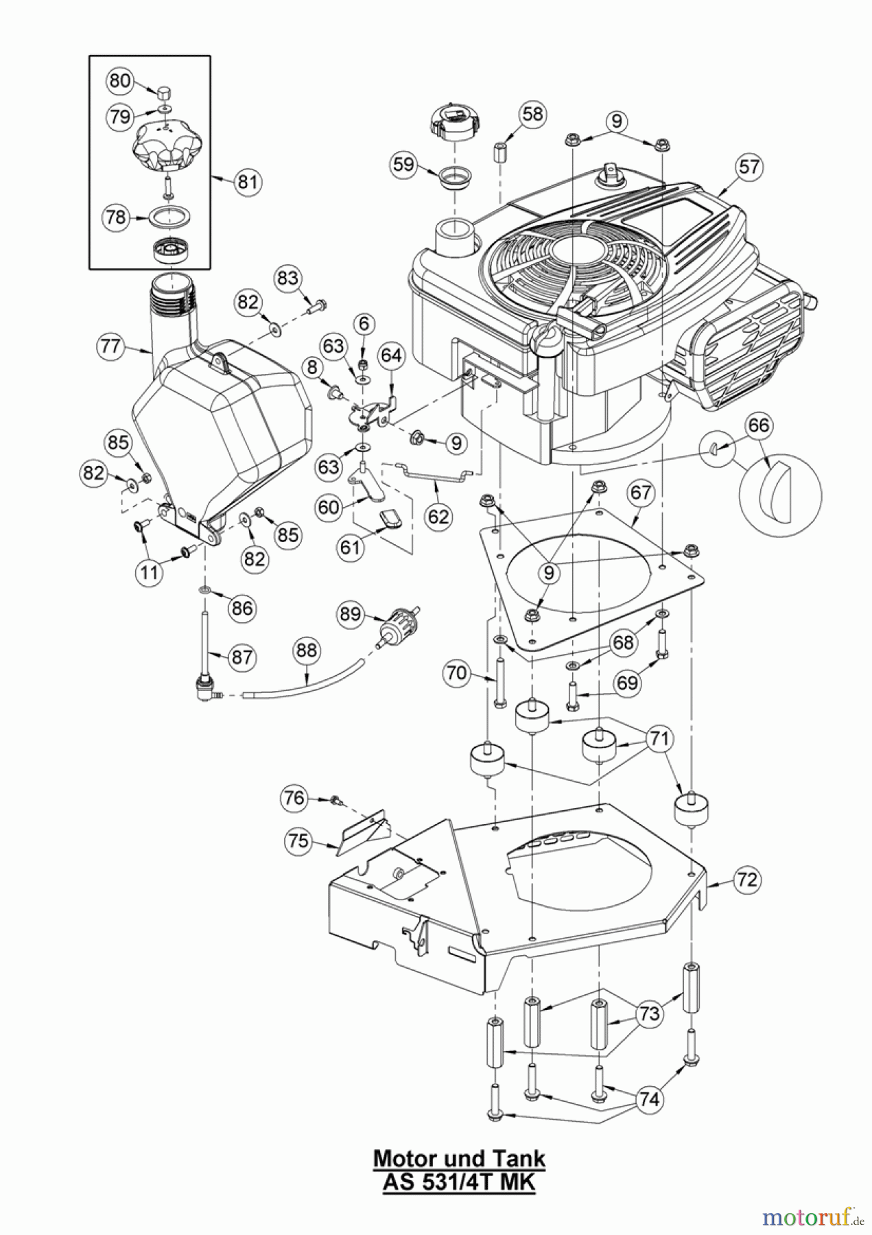 AS-Motor (neu) Rasen Profi-Rasenmäher AS 531 Heckauswurf AS 531 4T MK und AS 531/4T MK VarioPro ab FNr. 024512100001 Motor und Tank