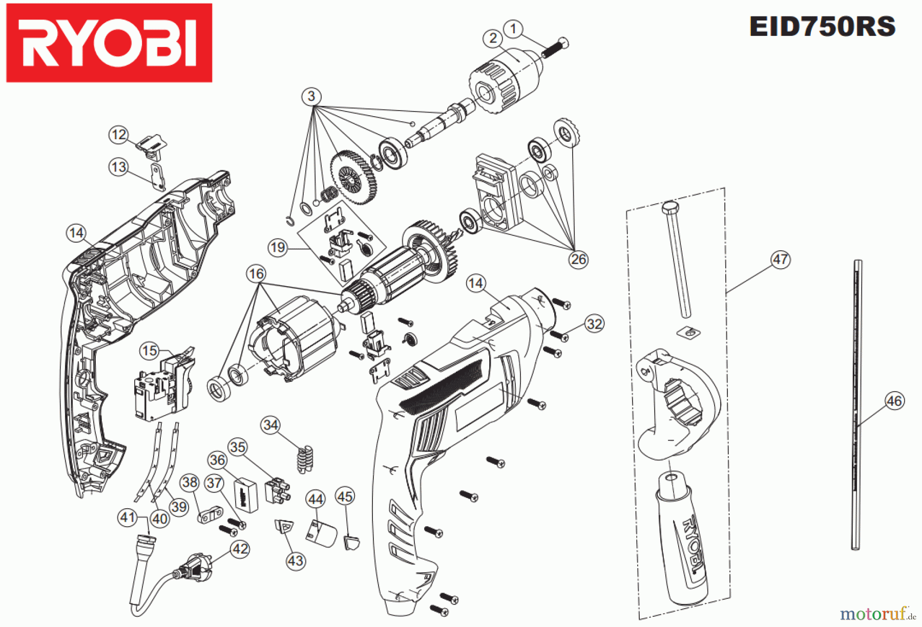 Ryobi (Schlag-)Bohrschrauber Bohrschrauber mit Schlagbohrfunktion EID750RS Seite 1
