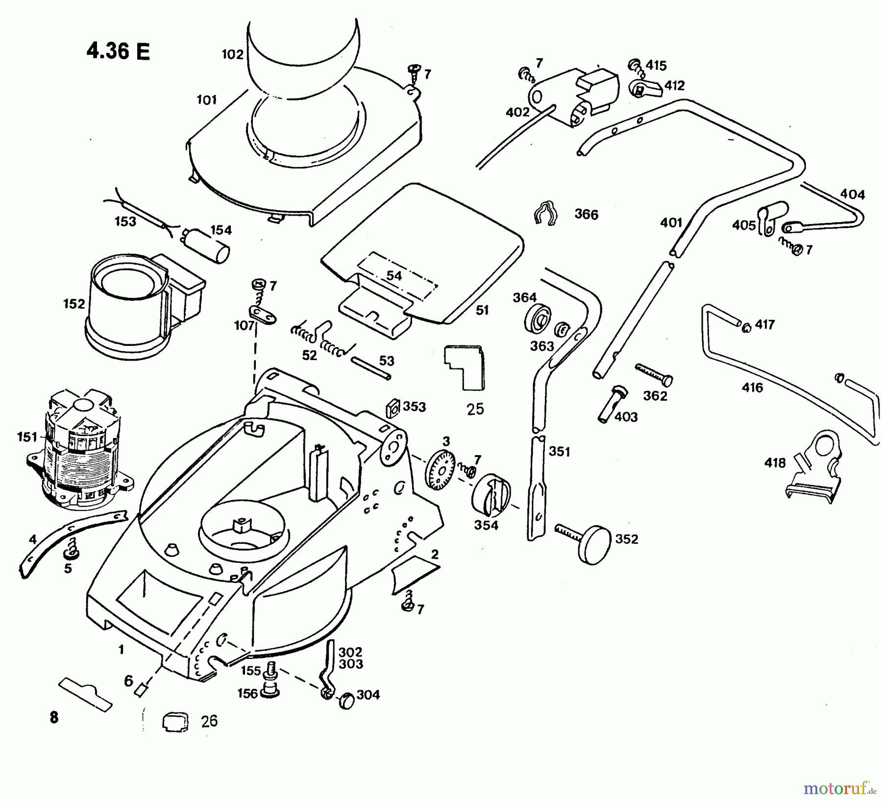 Wolf-Garten Elektromäher 4.36 E 4916001 Serie D (1996) Elektromotor, Heckklappe, Holm