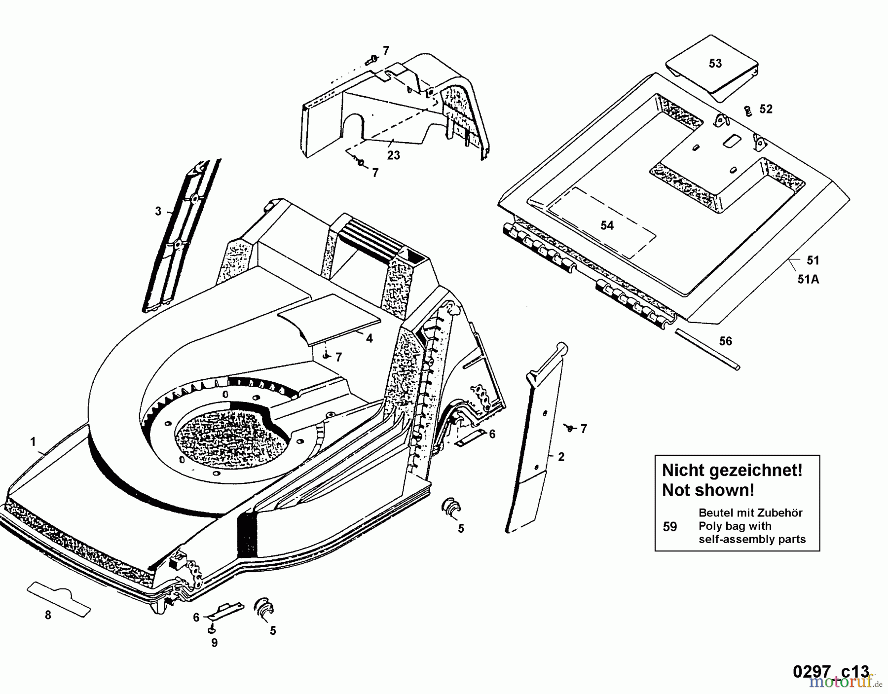 Wolf-Garten Akkumäher mit Antrieb 6.42 ACA 4946000 Serie A (1996) Heckklappe, Mähwerksgehäuse