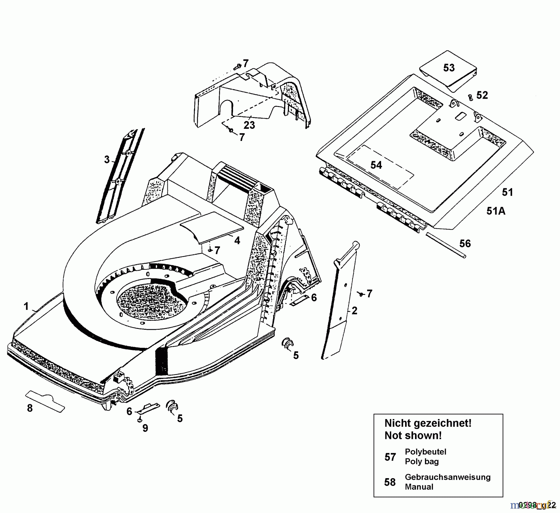  Wolf-Garten Akkumäher mit Antrieb 6.42 ACAN 4946080 Serie B  (1999) Heckklappe, Mähwerksgehäuse