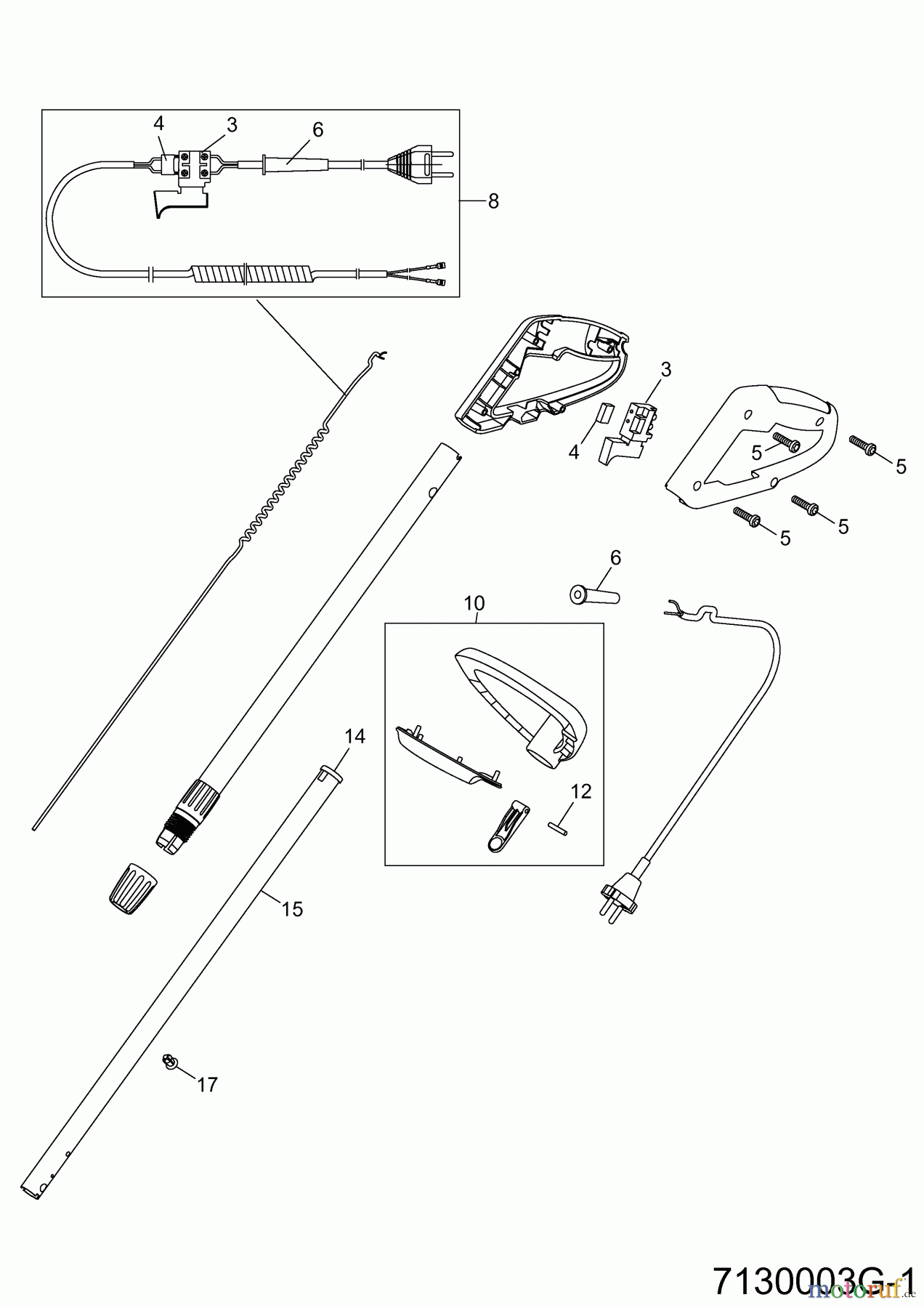 Wolf-Garten Elektrotrimmer GT 840 7130003 Serie G (2010) Handgriff, Schalter, Stiel