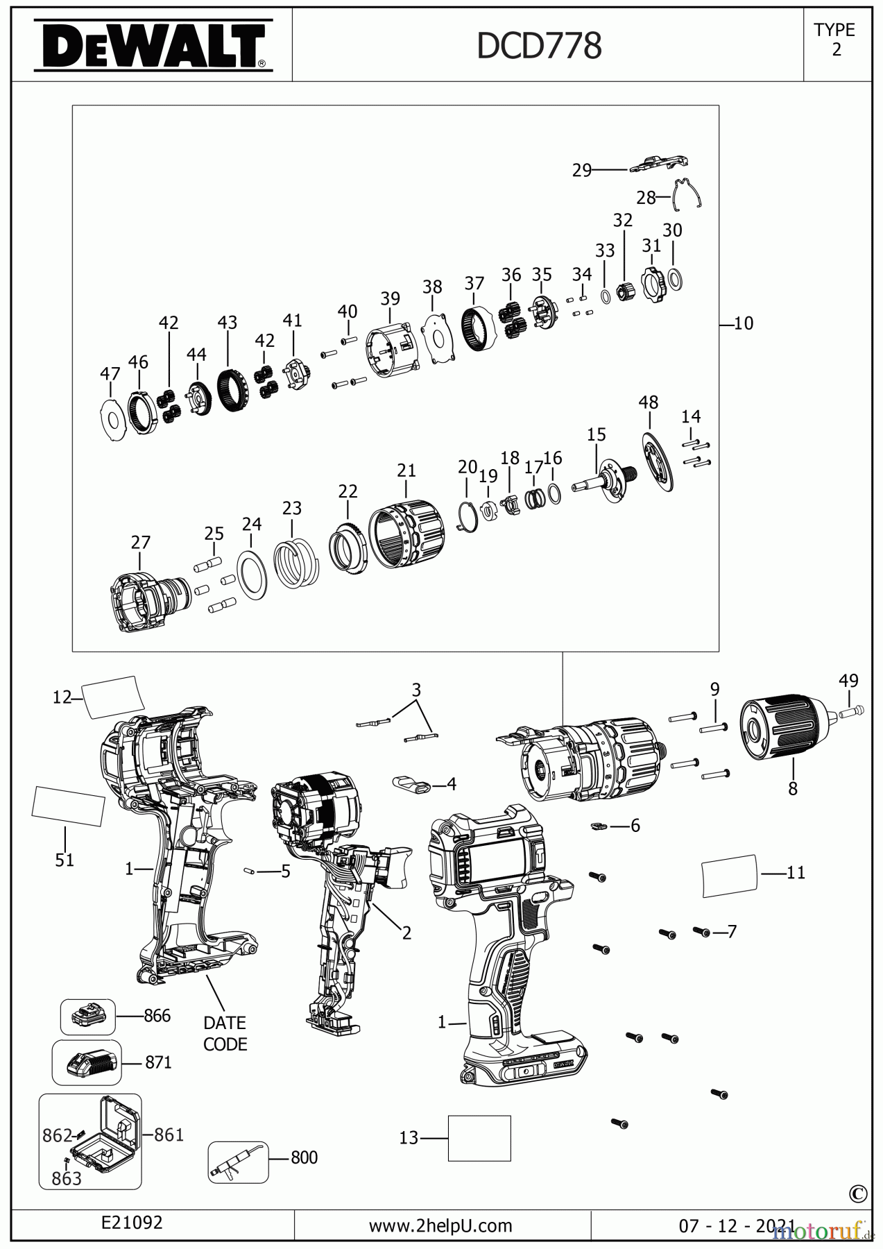 DEWALT AKKUBOHRER DRILLS, 20V AKKU BOHRHAMMER DCD778M1T Seite 1