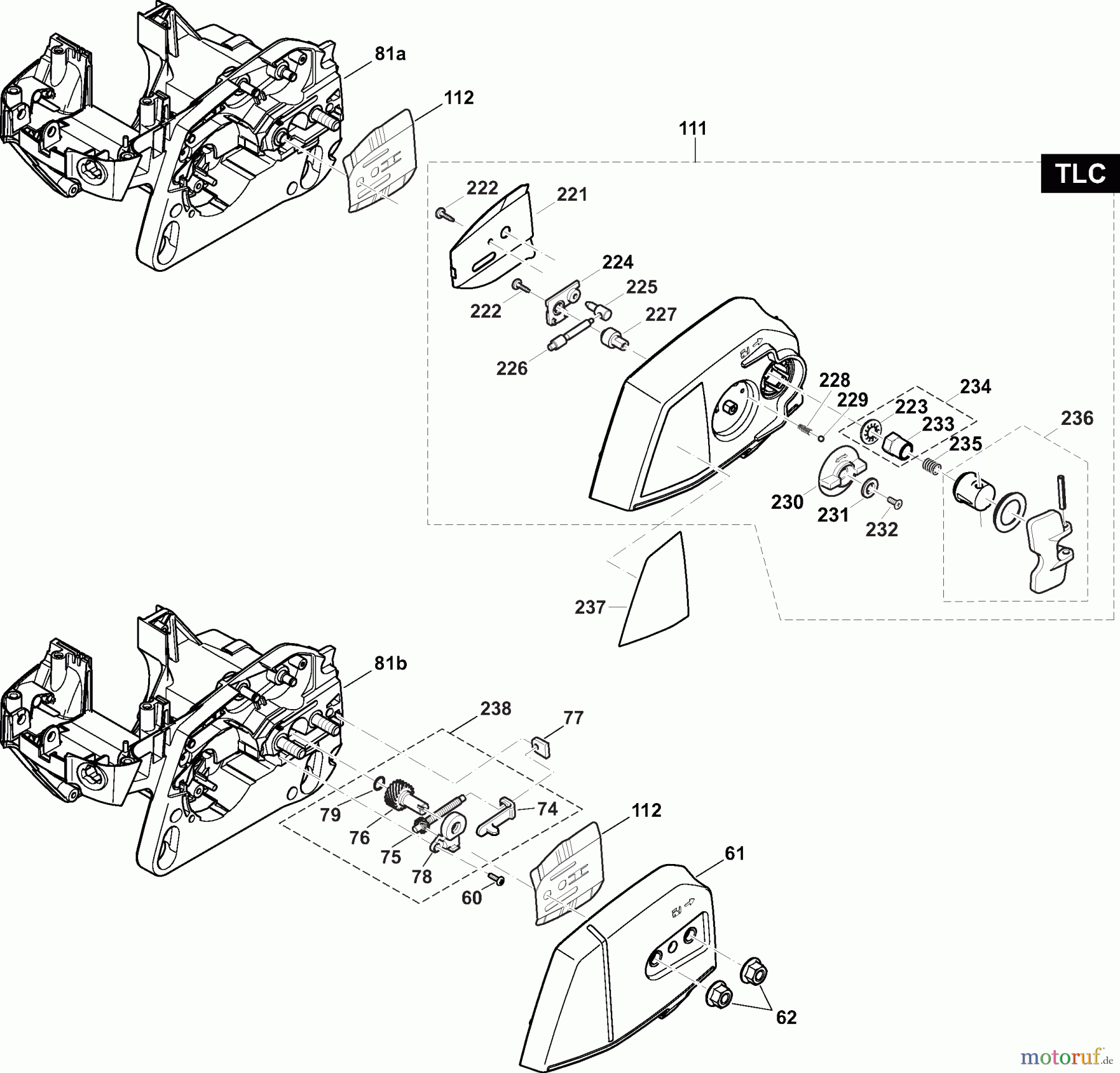 Dolmar Kettensägen Benzin Kettensäge PS32C 6 Motorträger, Kettenradschutz, Kettenspanner