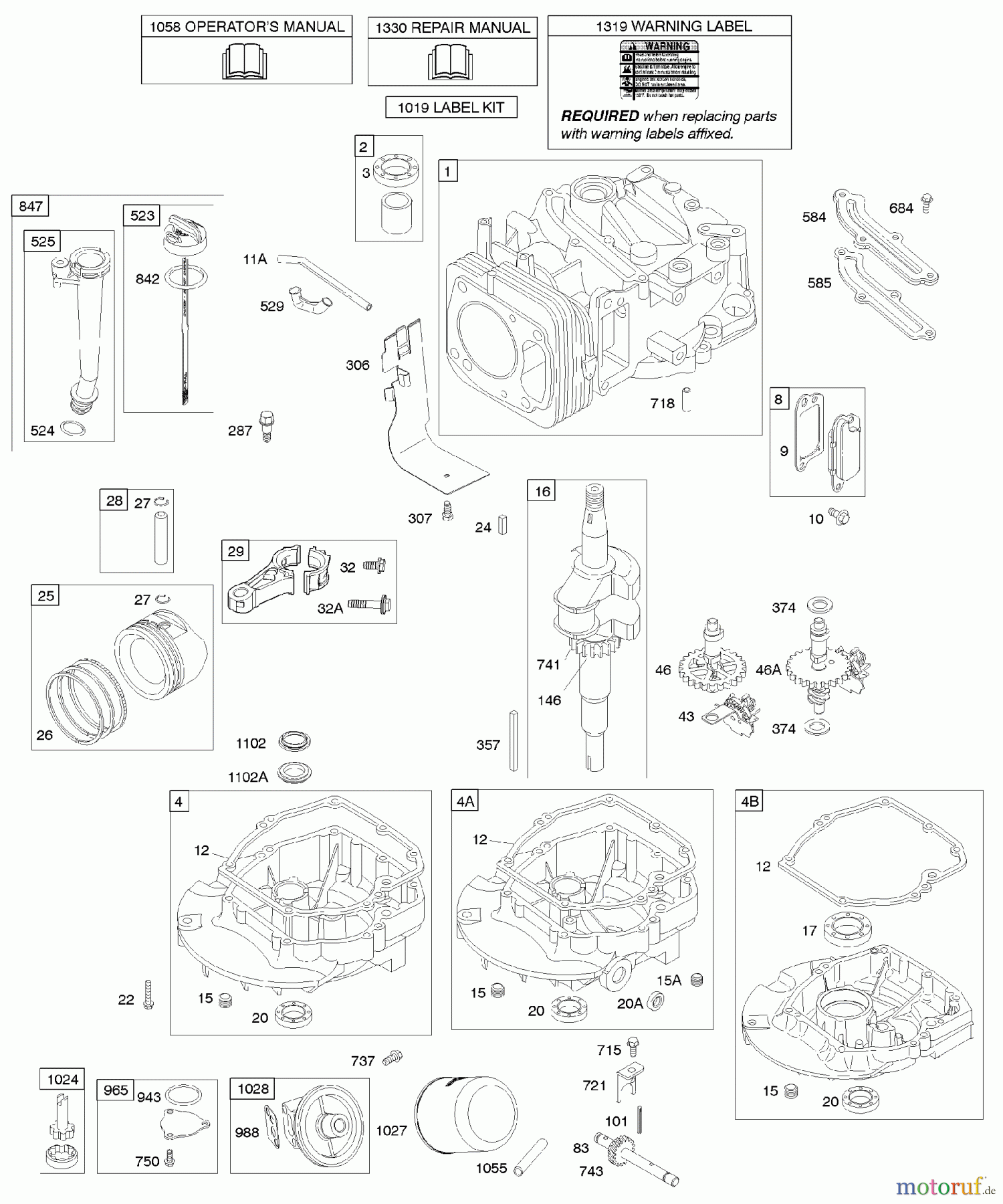 Viking Motoren B & S 12. . . 121602-0296-E1 D - Nockenwelle, Kurbelwelle, Zylinder, Motors
