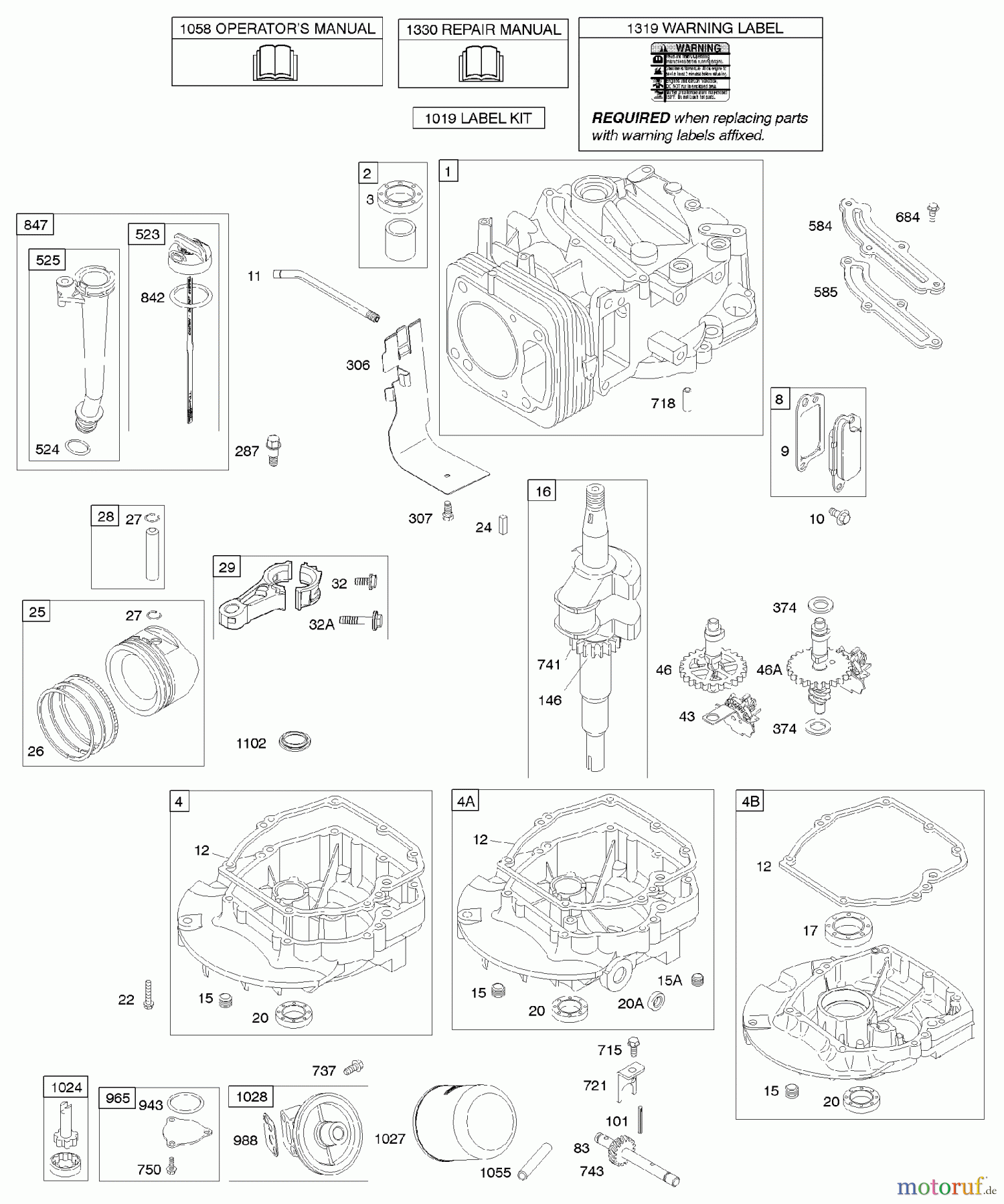 Viking Motoren B & S 12. . . 122672-0134-E1 C - Nockenwelle, Kurbelwelle, Zylinder, Motors