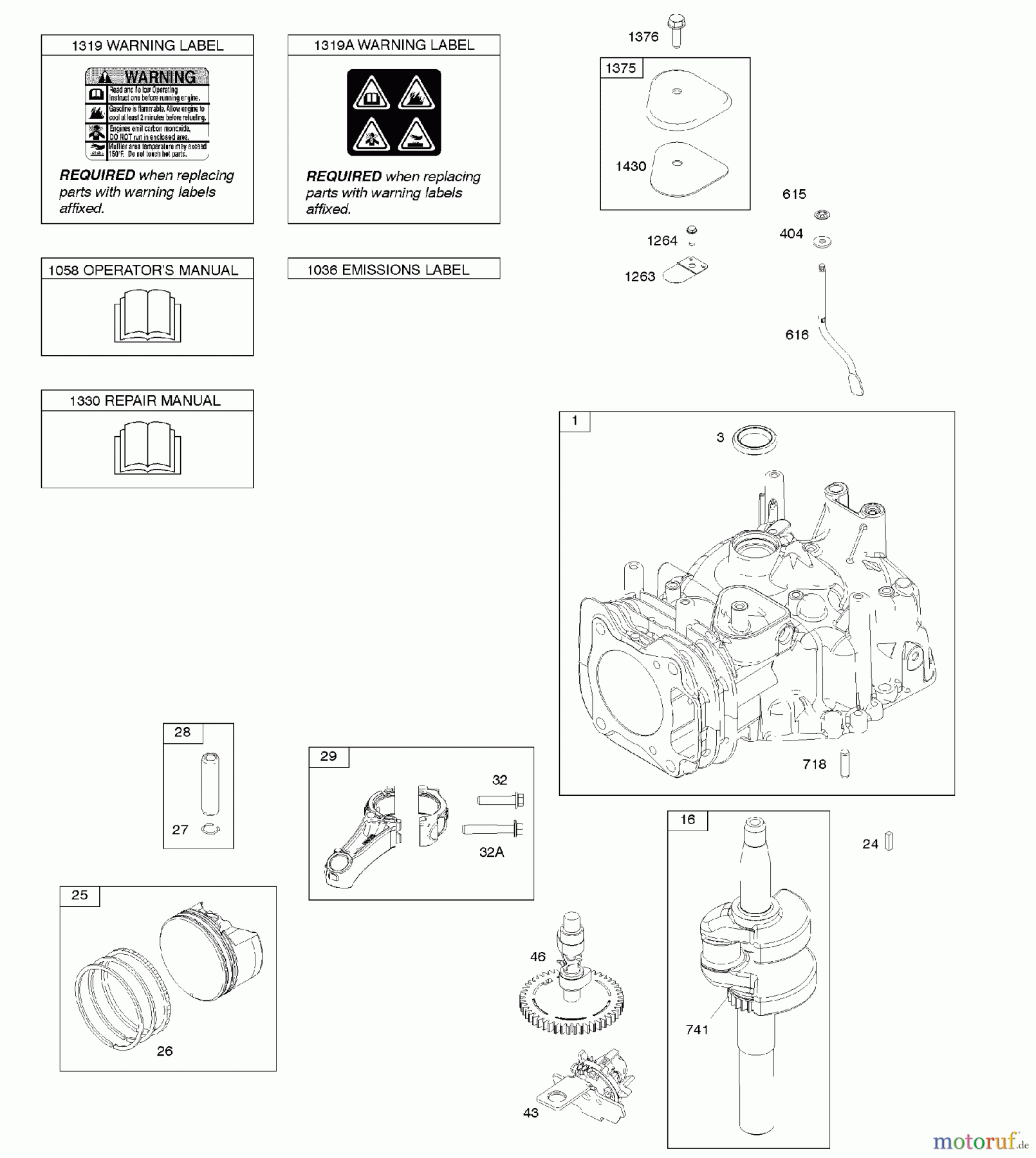 Viking Motoren B & S 12. . . 122Q02-0147-B1 C - Nockenwelle, Kurbelwelle, Zylinder, Bedien