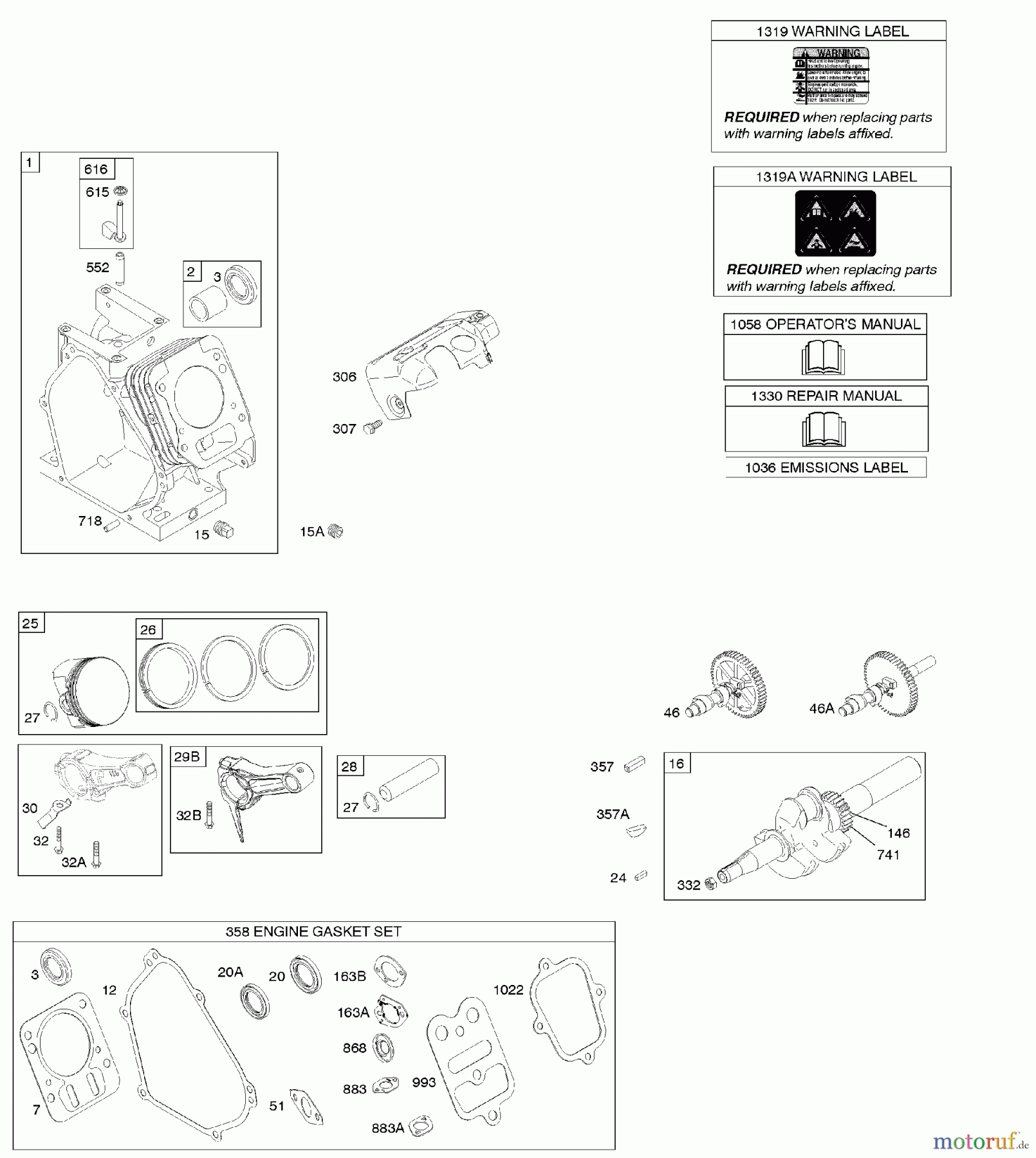 Viking Motoren B & S 12. . . 126392-0274-E1 C - Nockenwelle, Kurbelwelle, Zylinder, Kolben