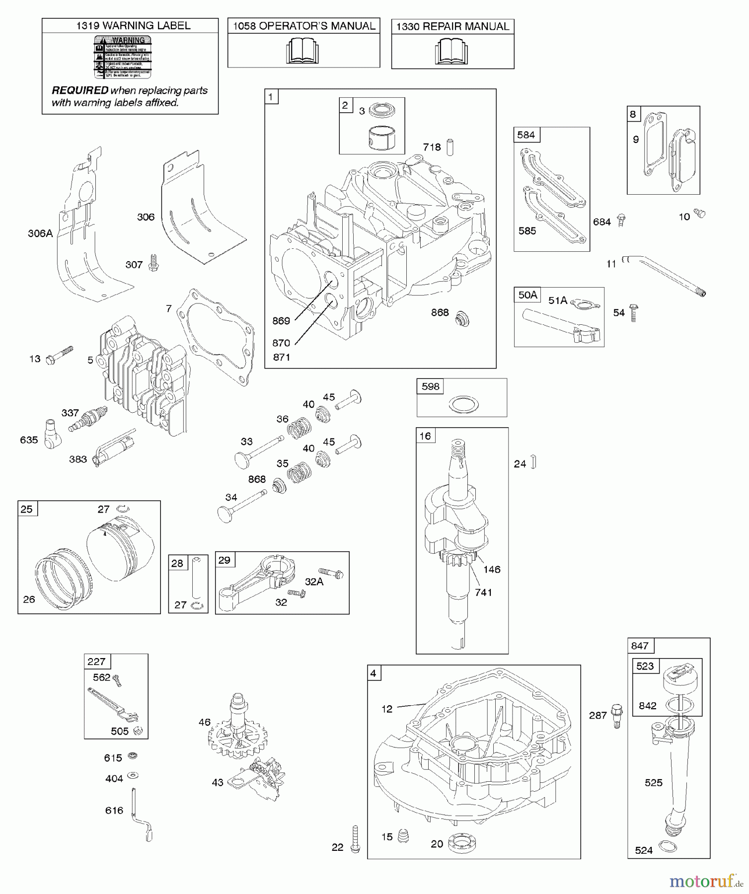 Viking Motoren B & S 12. . . 126T02-3280-B1 D - Nockenwelle, Kurbelwelle, Zylinder, Motors