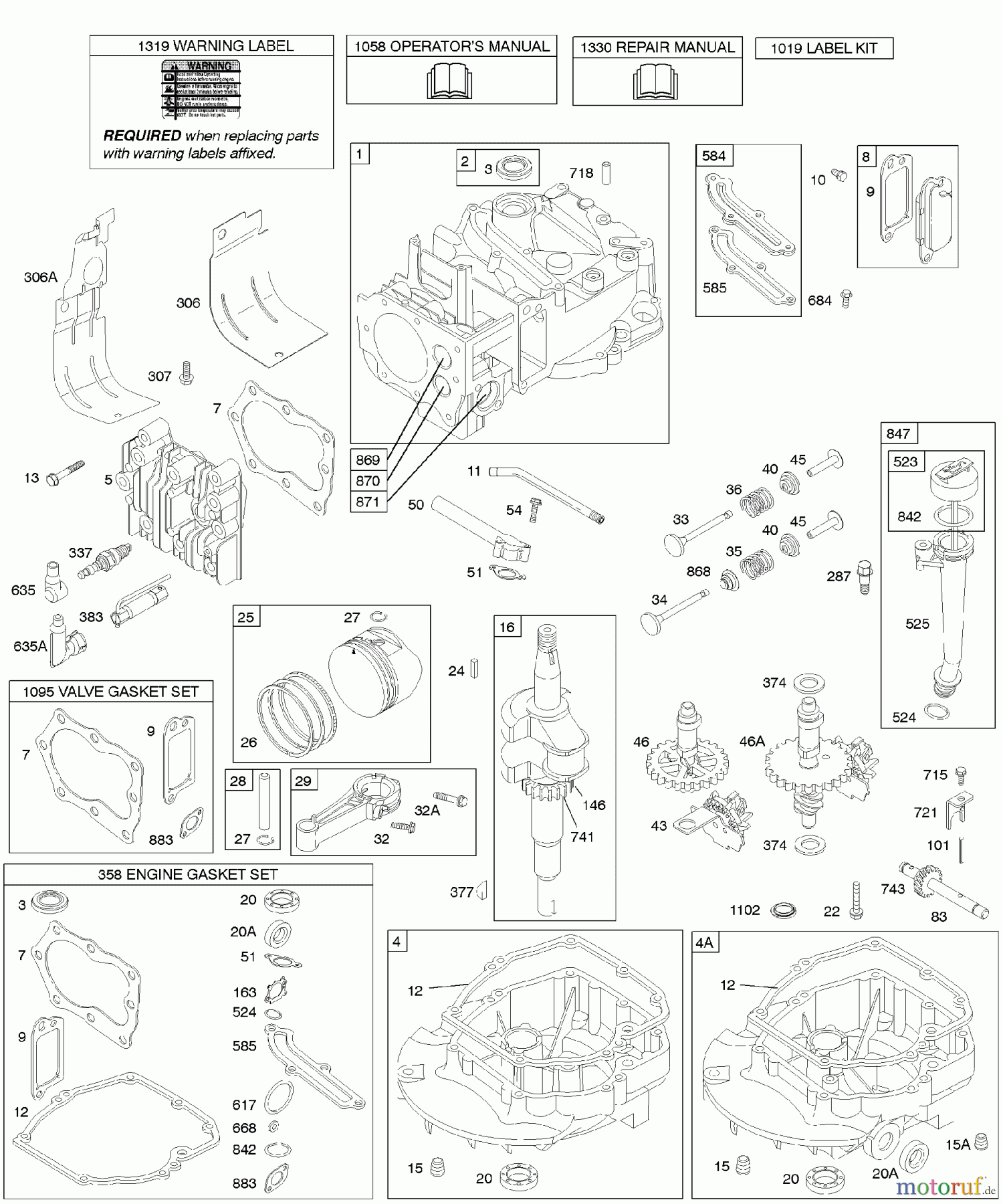 Viking Motoren B & S 12. . . 12F807-1310-01 D - Nocken, Kurbelwelle, Zylinder, Motorsumpf,