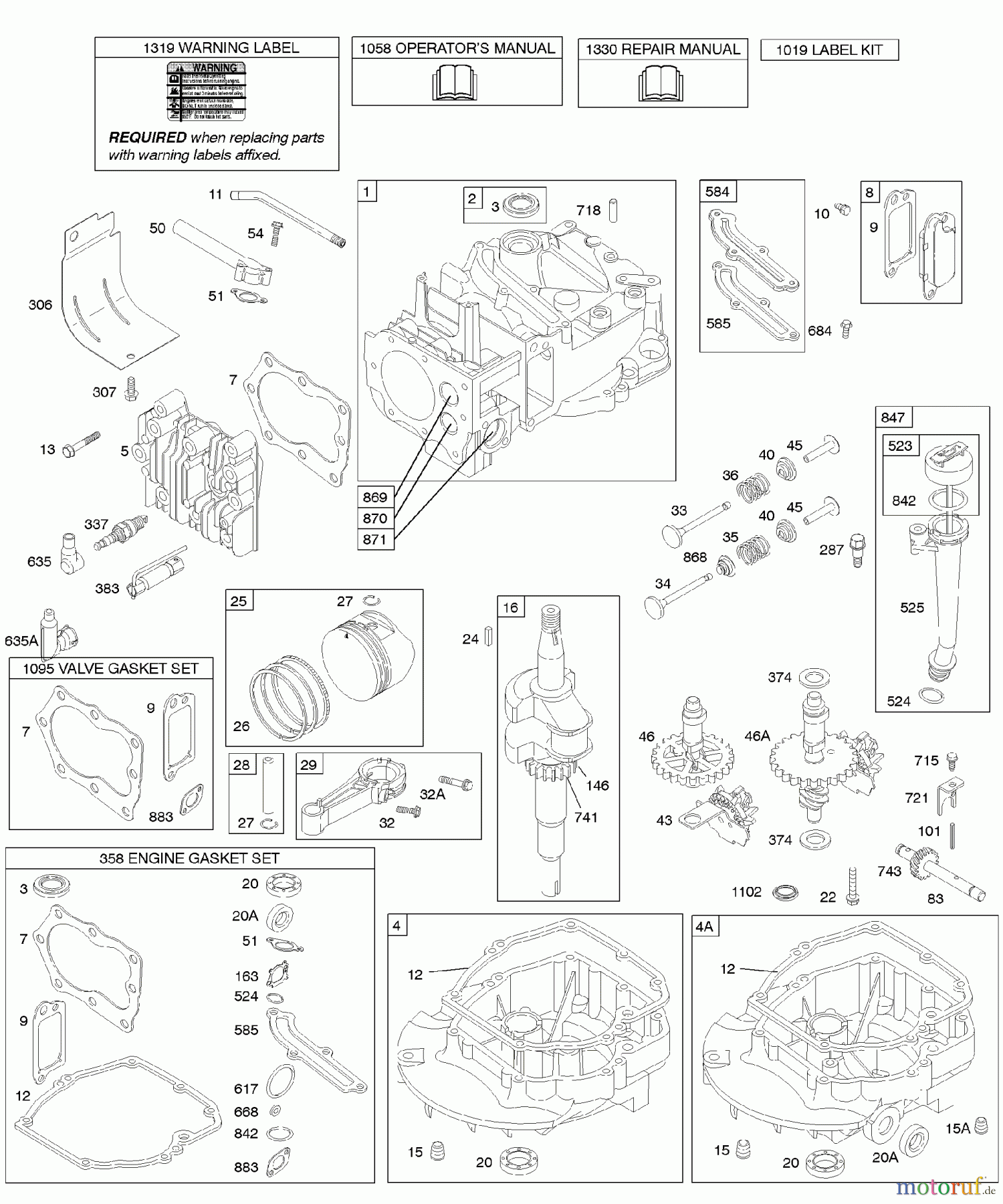 Viking Motoren B & S 12. . . 12X802-0115-E1 C - Nocken, Kurbelwelle, Zylinder, Motorsumpf,