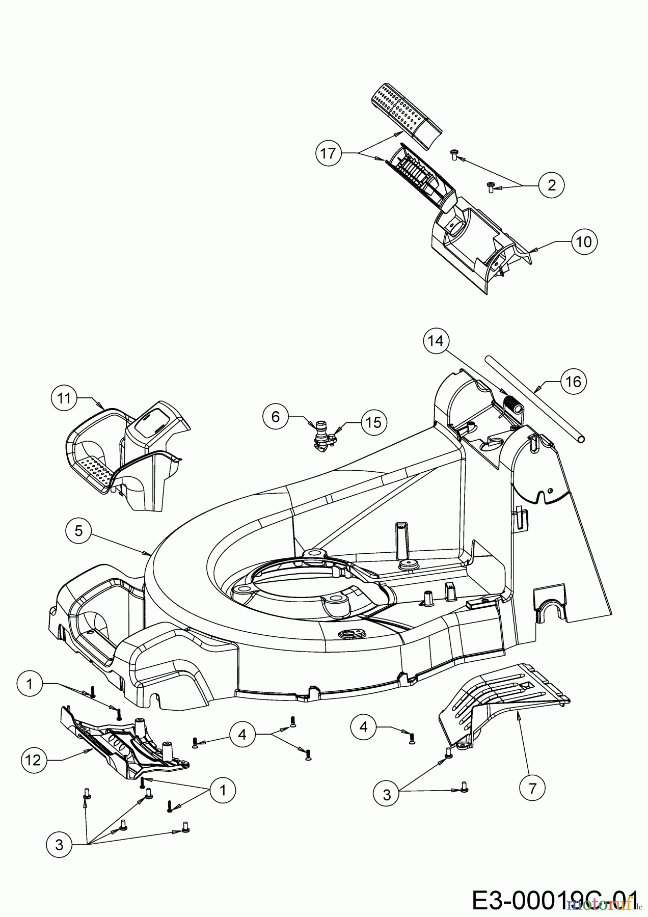 Cub Cadet Motormäher mit Antrieb XM2 ER53 12AQZALQ603 (2019) Leitstück hinten, Mähwerksgehäuse, Stange für Heckklappe, Seitenverkleidungen