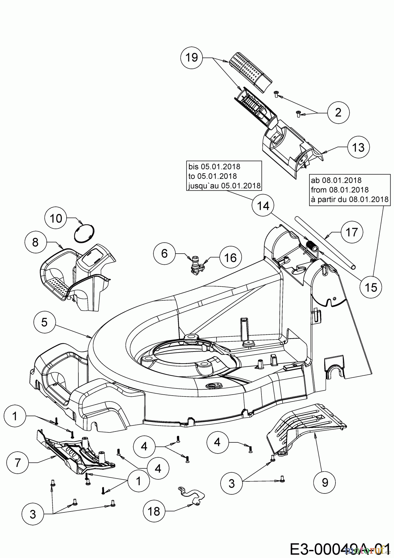 Wolf-Garten Motormäher Expert 46 B P 11A-YA5E650 (2018) Leitstück hinten, Mähwerksgehäuse, Stange für Heckklappe, Seitenverkleidungen