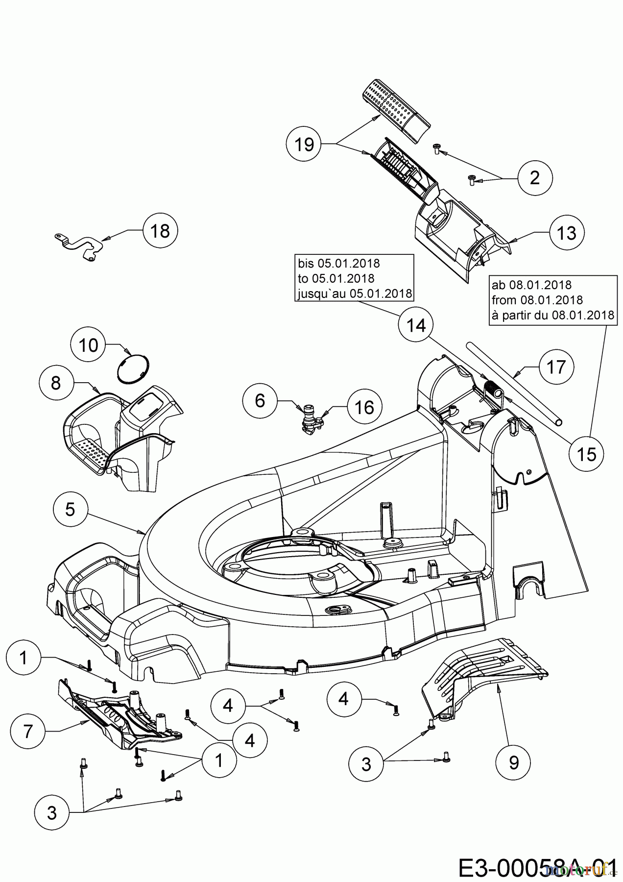 Wolf-Garten Motormäher mit Antrieb Expert 53 B S 12A-ZA7F650 (2018) Leitstück hinten, Mähwerksgehäuse, Stange für Heckklappe, Seitenverkleidungen