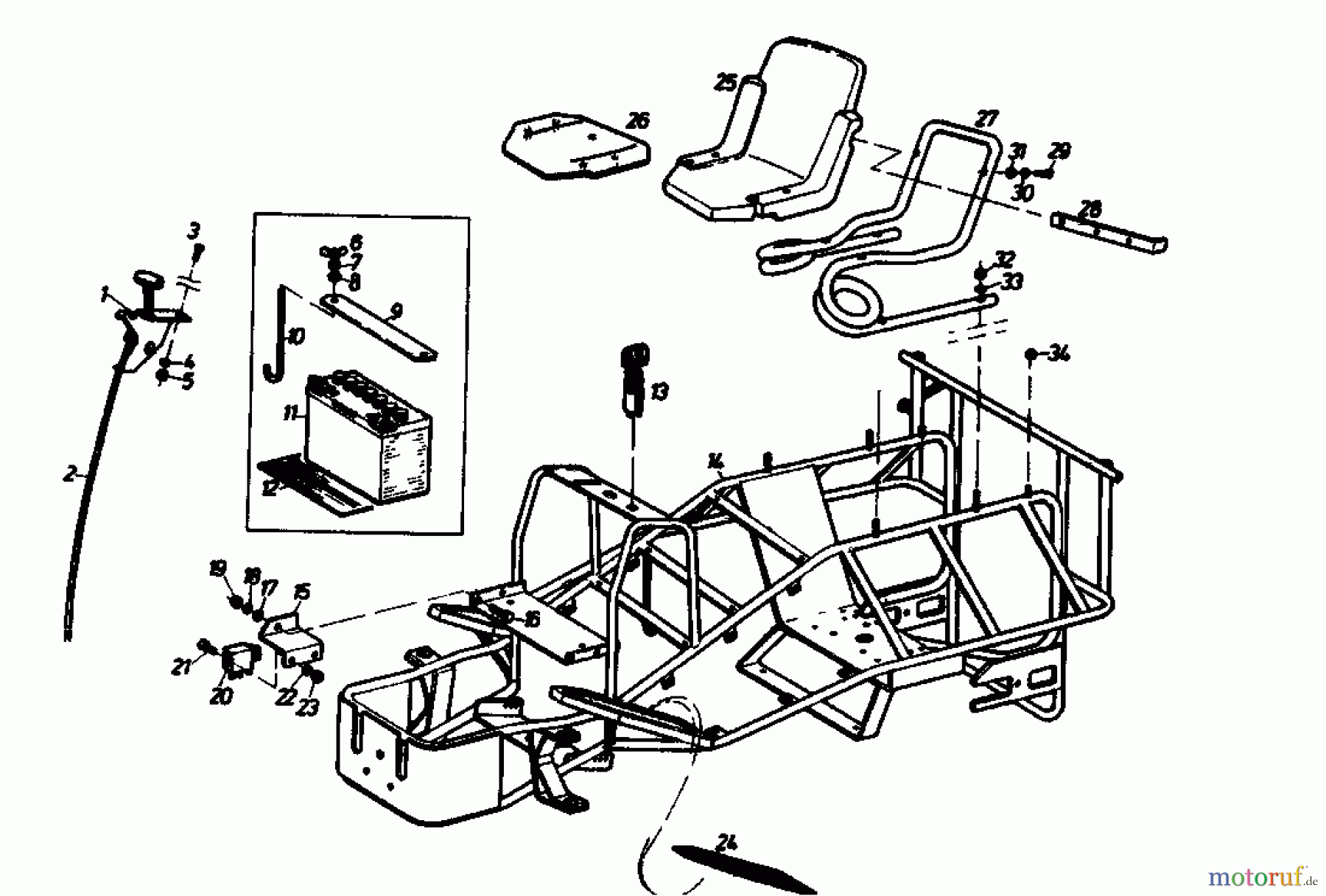 Golf Rasentraktoren SPIDER 170 SD 4 02840.03 (1989) Batterie, Rahmen, Sitz