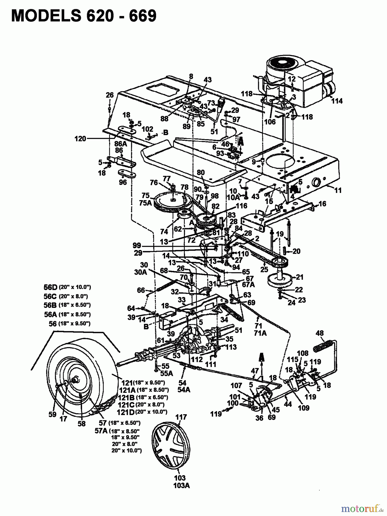 Raiffeisen Rasentraktoren 112 ESL 132-650F628 (1992) Fahrantrieb, Motorkeilriemenscheibe, Pedal, Räder hinten